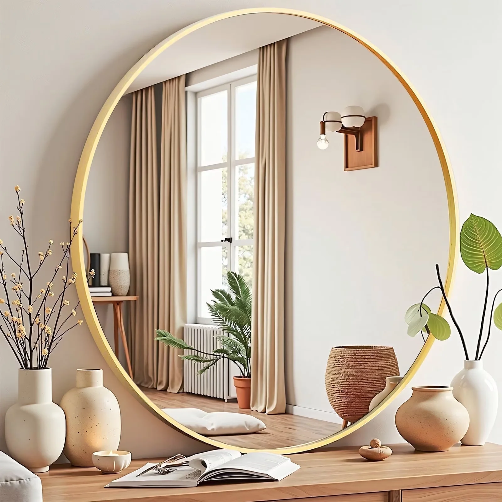 Quality Bathroom Renovation with Art Deco, Hooks, 20 inch Circle Wall Round Mirror - Gold 20" x 20" for Living Room, Bathroom Model 4CDBE1