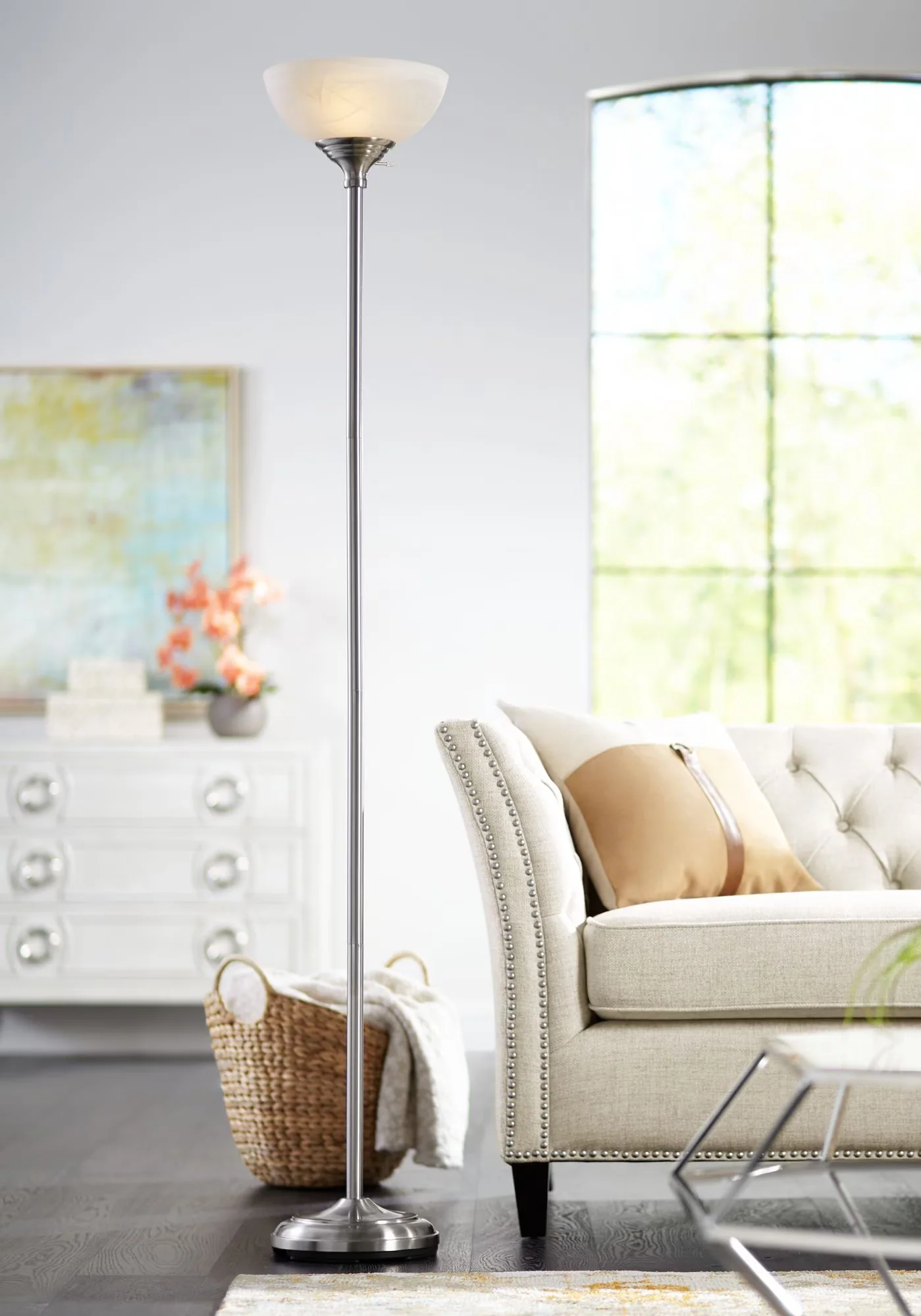 Floor Lamp Compact with LED, Modern, Torchiere Lamps - Silver Metal for Living Room, Bedroom Model 40E973
