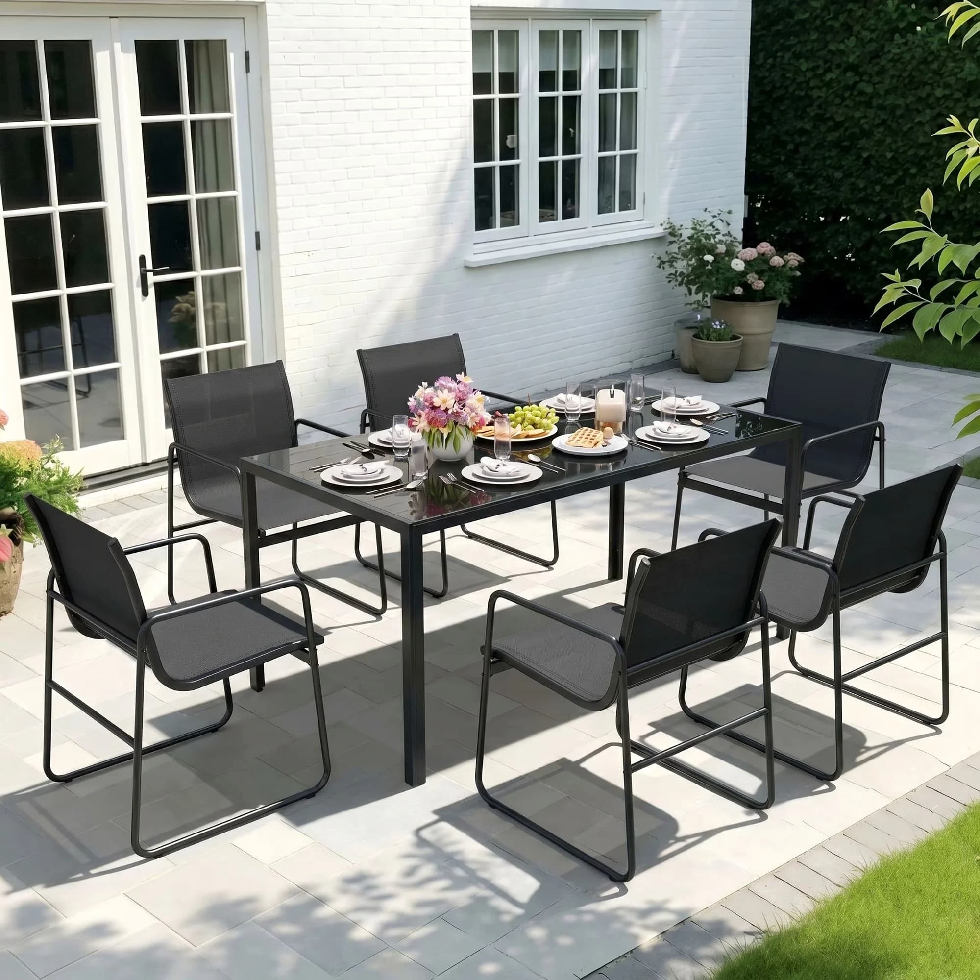 Premium Patio Dining Set with Storage, Weatherproof - Metal, Tempered Glass, Textilene Fabric Model A8A93B