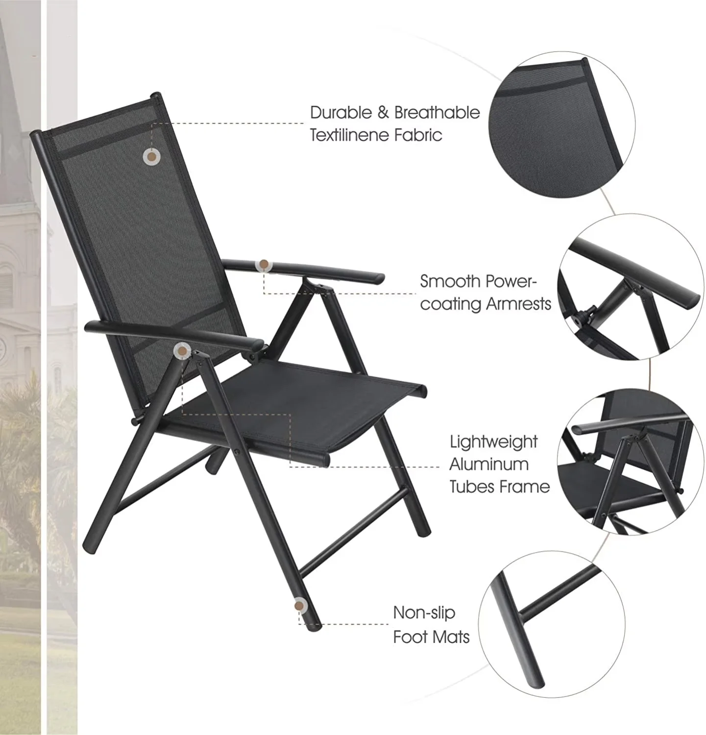 Professional Patio Dining Set with Folding, Breathable textilene fabric - Black Metal, Polyester, Aluminum Alloy, Textilene Model 6BC9C3