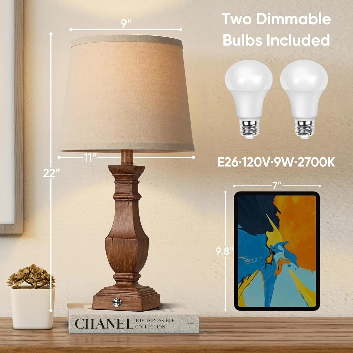 Lamp Set Compact with 9W, High Output, Dimmable Table Lamps of 2 - Beige for Living Room, Bedroom Model 2481E6