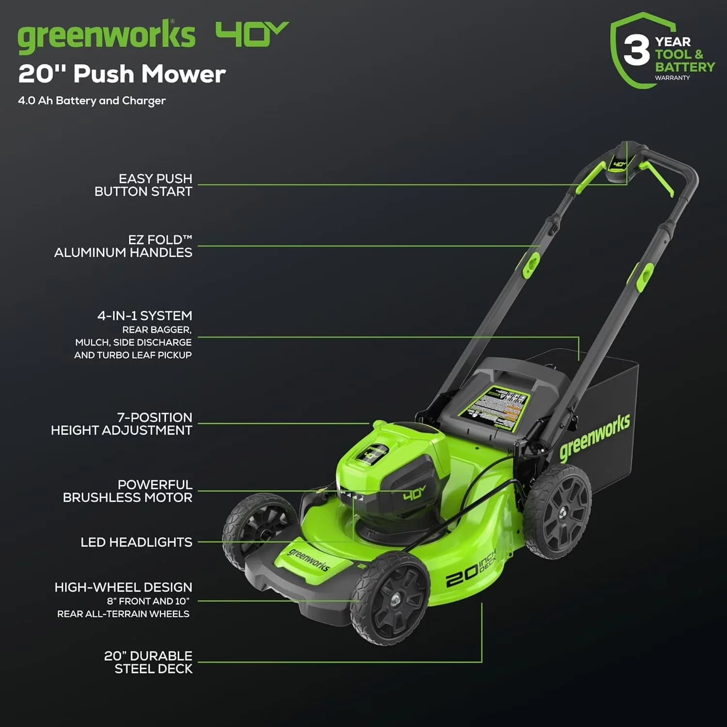 Push Mower Quality with Battery, 40V, 40V 20" Brushless - Green - Low Maintenance Model DFDEFC