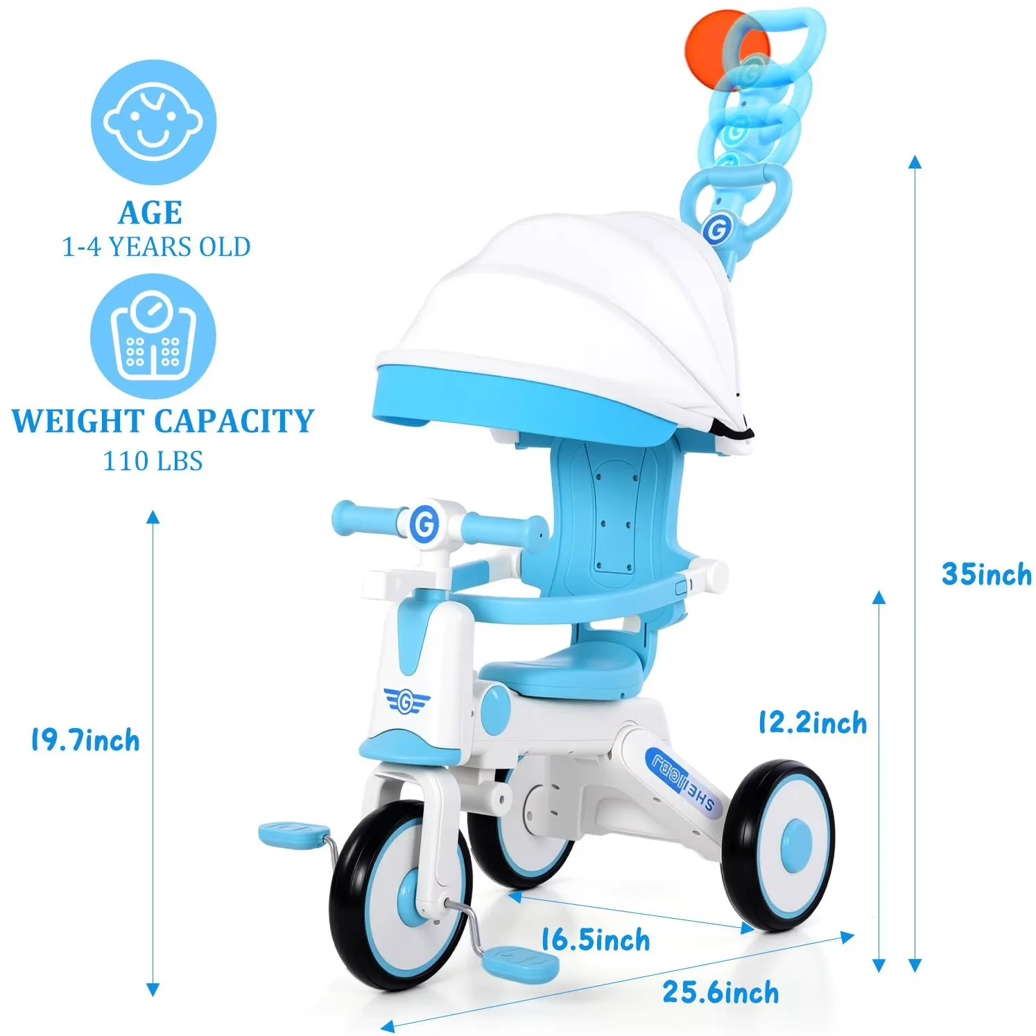 Compact Kids Bike with Adjustable Handlebar Height, 5 in 1 Tricycle - Blue Model 58CAFD