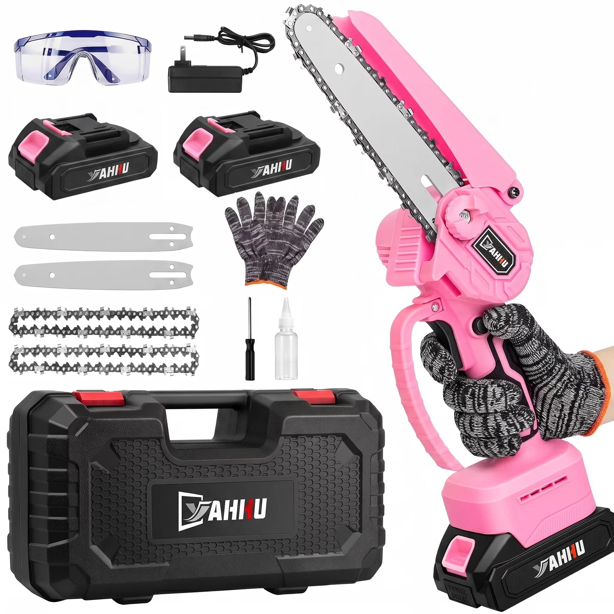 Chainsaw Classic with Battery, 21V, Tool-Less Chain Tensioning - Pink - Low Maintenance Model 541295