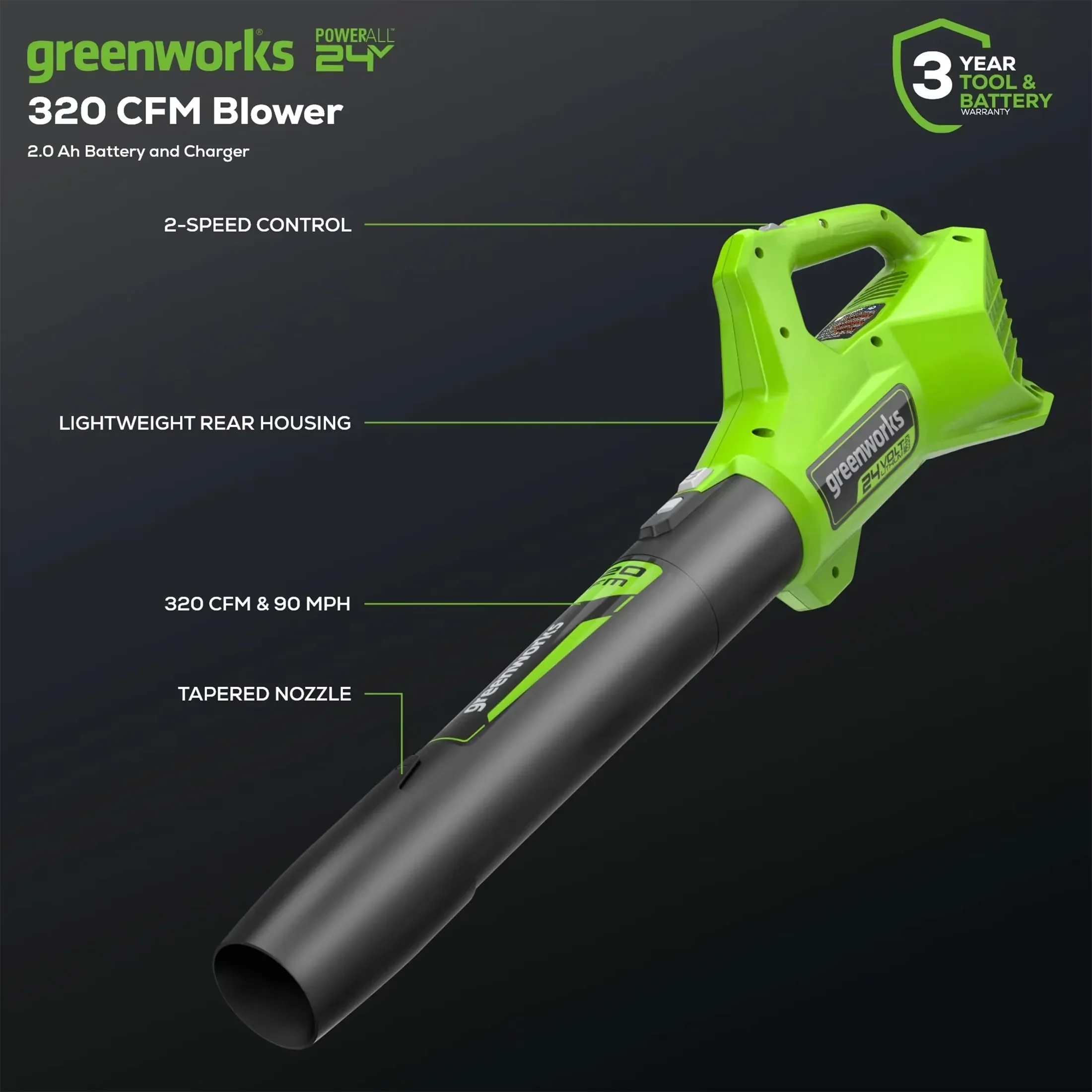 Leaf Blower Essential with Battery, 24V, 24V Cordless Axial (90 Mph / 320 Cfm) - Model 2D288E