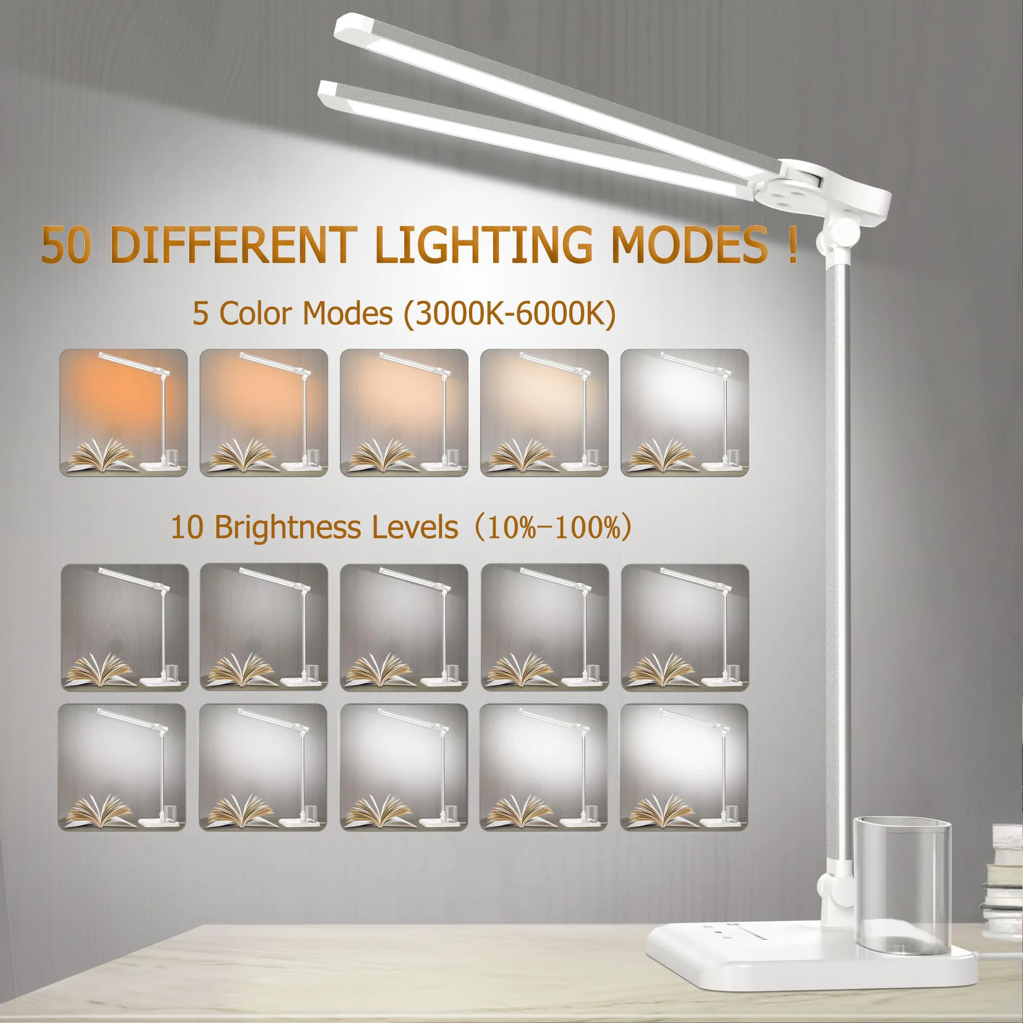 Desk Lamp Modern with LED, Adjustable Head, Energy Efficient - Silver Aluminum Alloy, Abs for Home Office, Dorm Model F15FEB