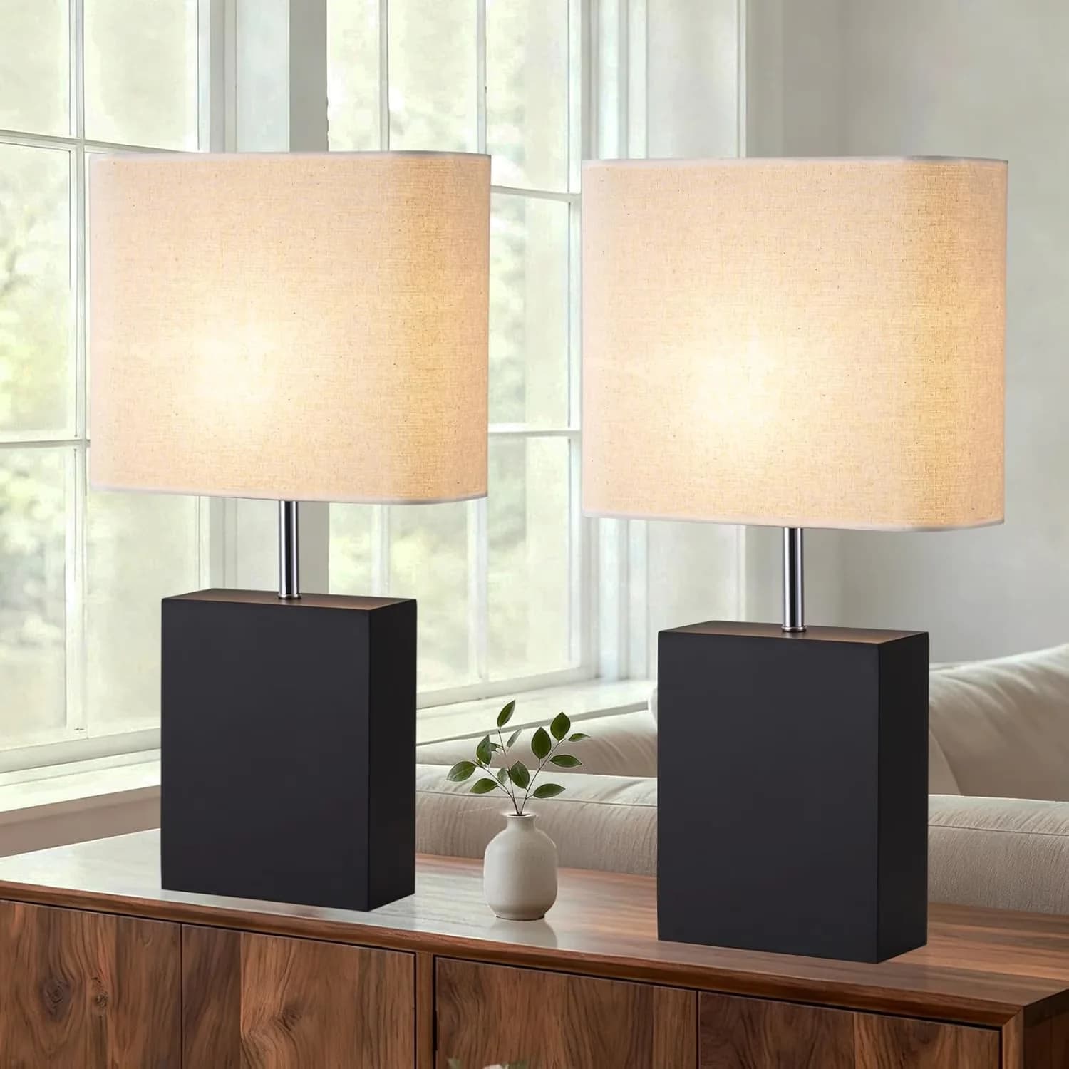 Sleek Lamp Set with High Output, 23" Wood Table of 2 - Beige for Living Room, Bedroom Model 414493