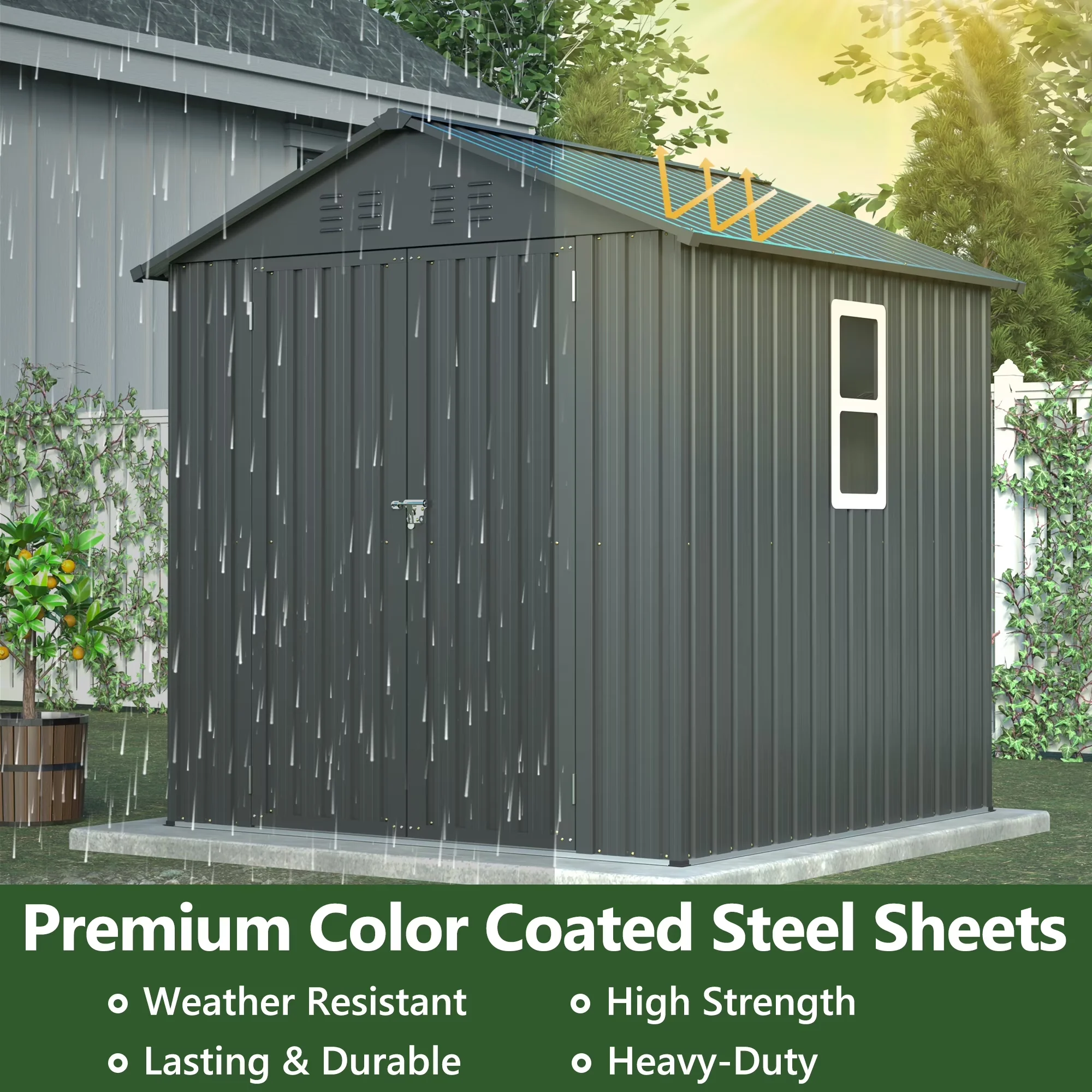 Durable Shed with Gable Roof, Steel Garden Sheds - Black Steel for Patio, Garage Model 73B012