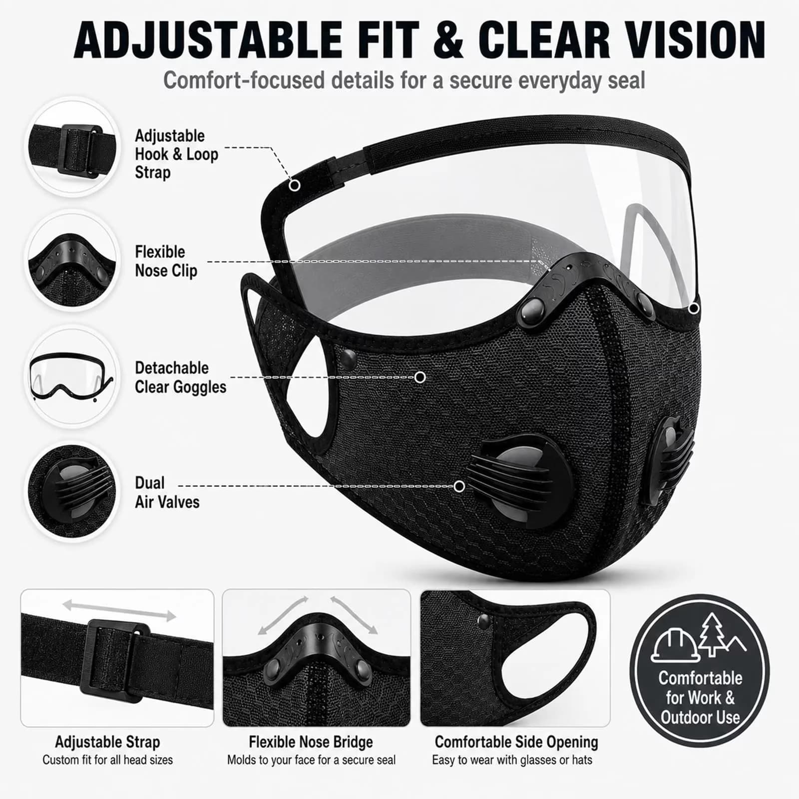 Modern Protective Equipment with Reusable Carbon Filter Dust Mask, Adjustable Goggles - 1 2Pcs-A for Outdoor Model 724BE9