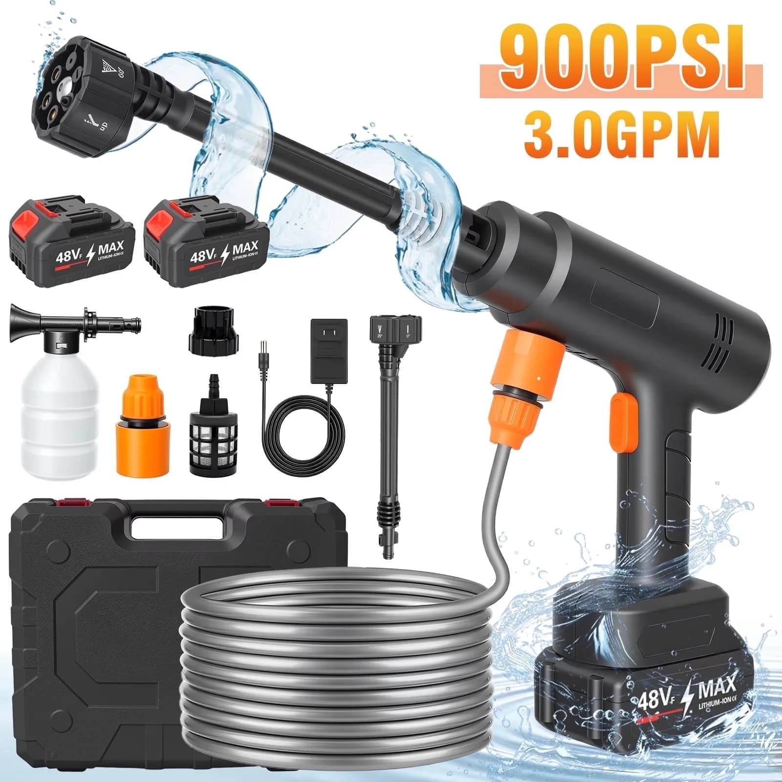 Efficient Pressure Washer with Battery, Kink Free Hose, Cordless - 900PSI Model 34CF2D