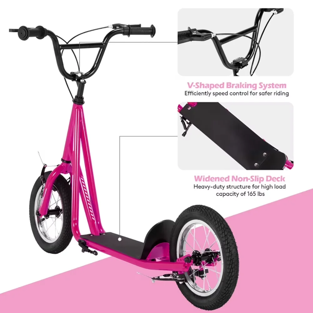 Scooter Durable with Children Bicycle Toys, 12" Air Filled Wheel - Pink Carbon Steel Model 832F6E