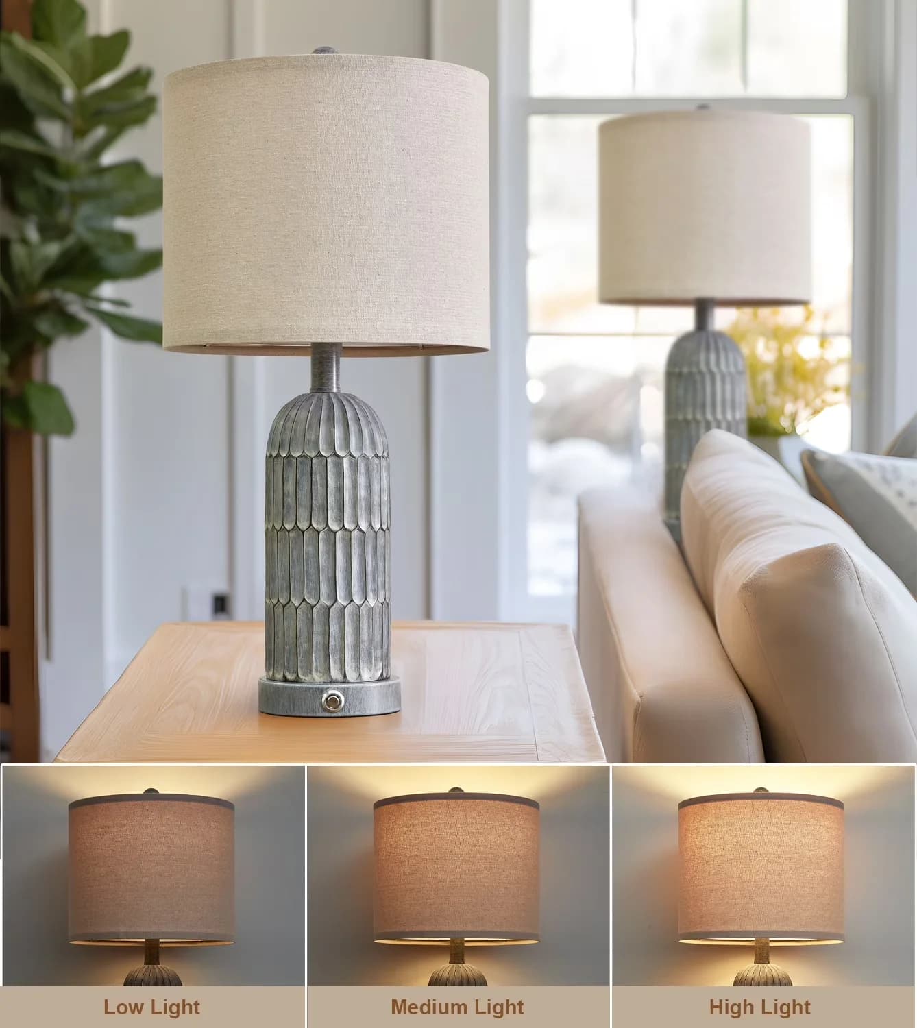 Reliable Lamp with LED, Usb Port, 3 Way Dimmable Farmhouse Table Set of 2 - Resin Gray Model D9C1B6