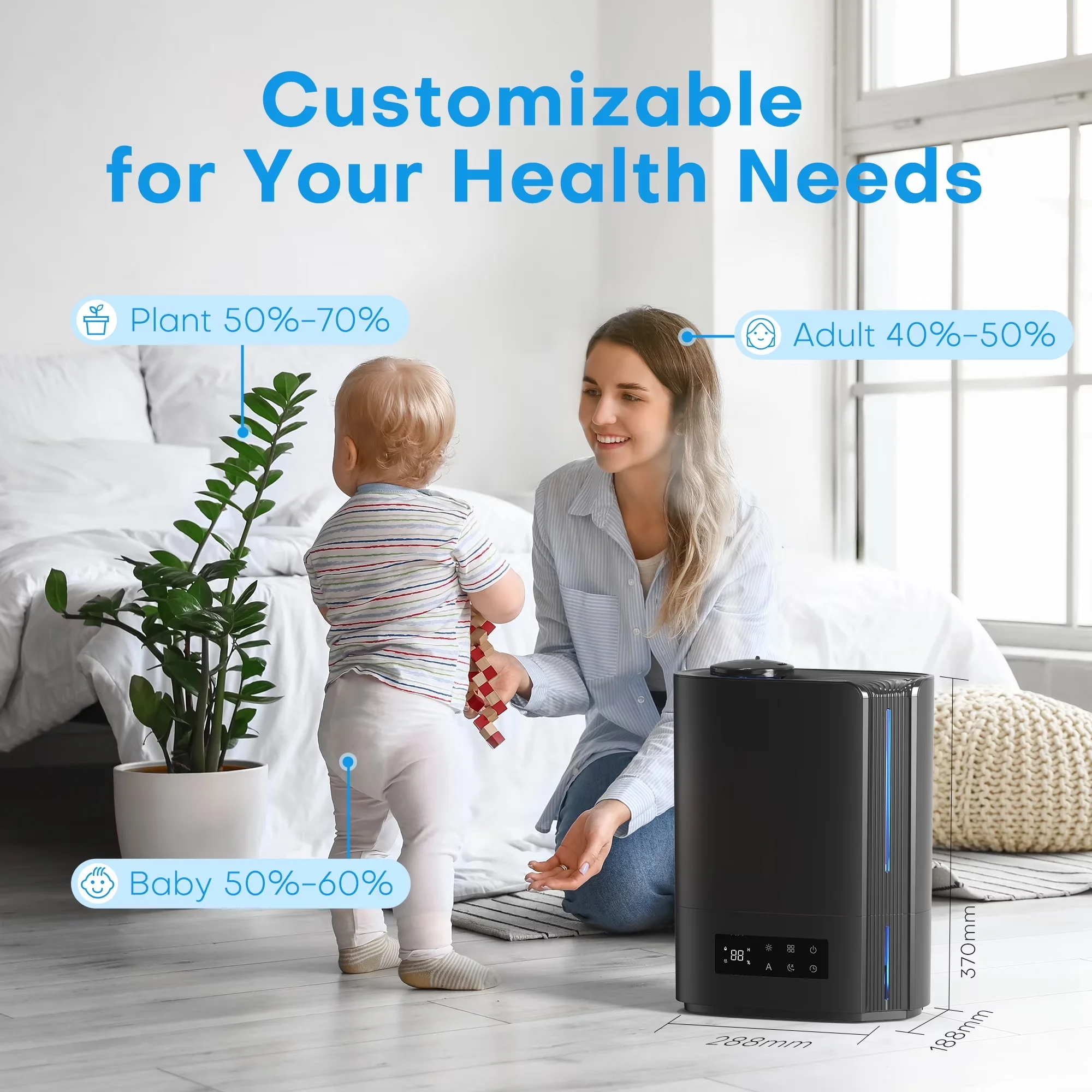 Stylish Humidifier with Timer, Automatic Shut-Off, Oil Diffuser - Black for Bedroom, Large Model 7C111E