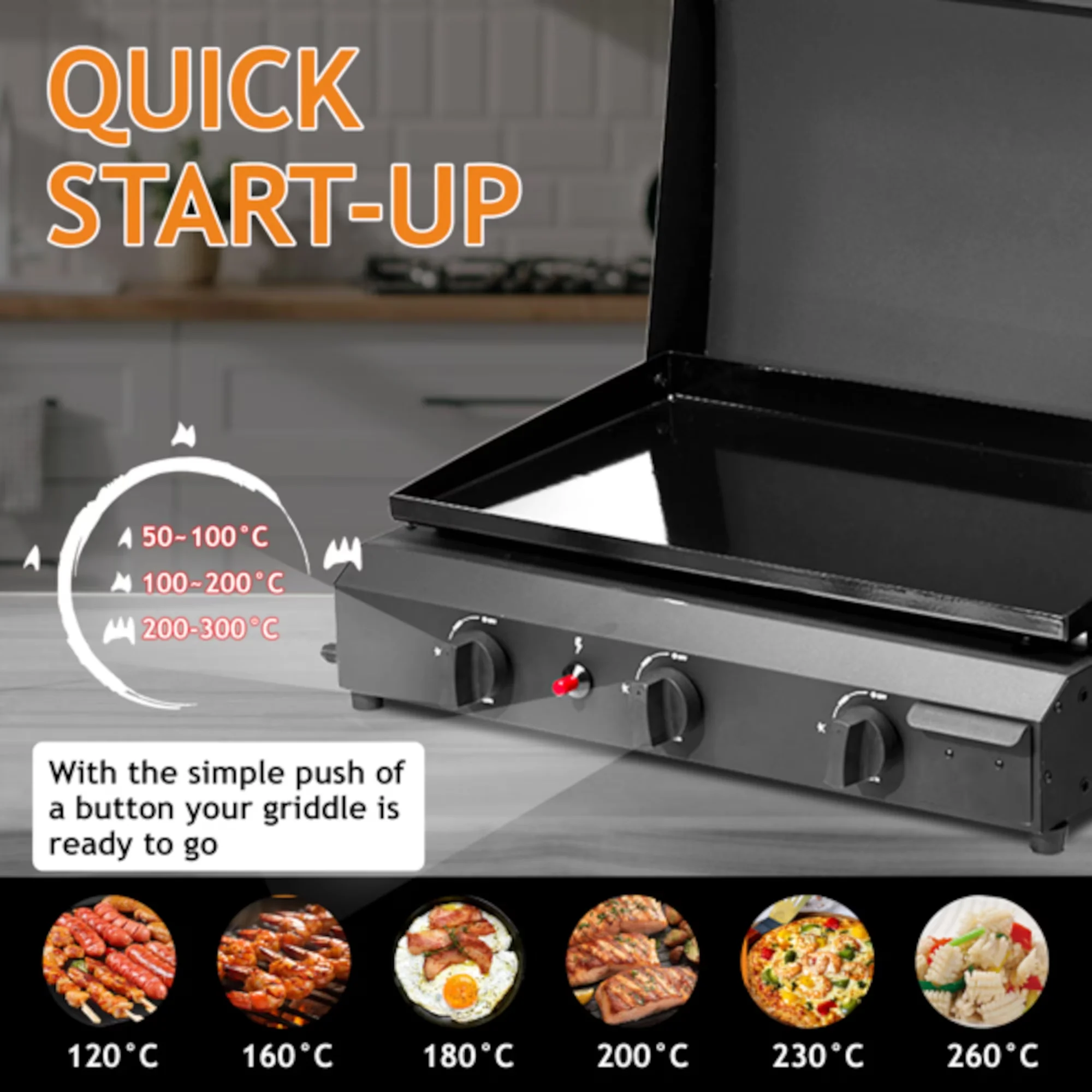 Professional Flat Top Grill with Locking Lid, 3 Burner Propane Gas Griddle - Iron;Stainless Steel;Plastic Black Model 098F60