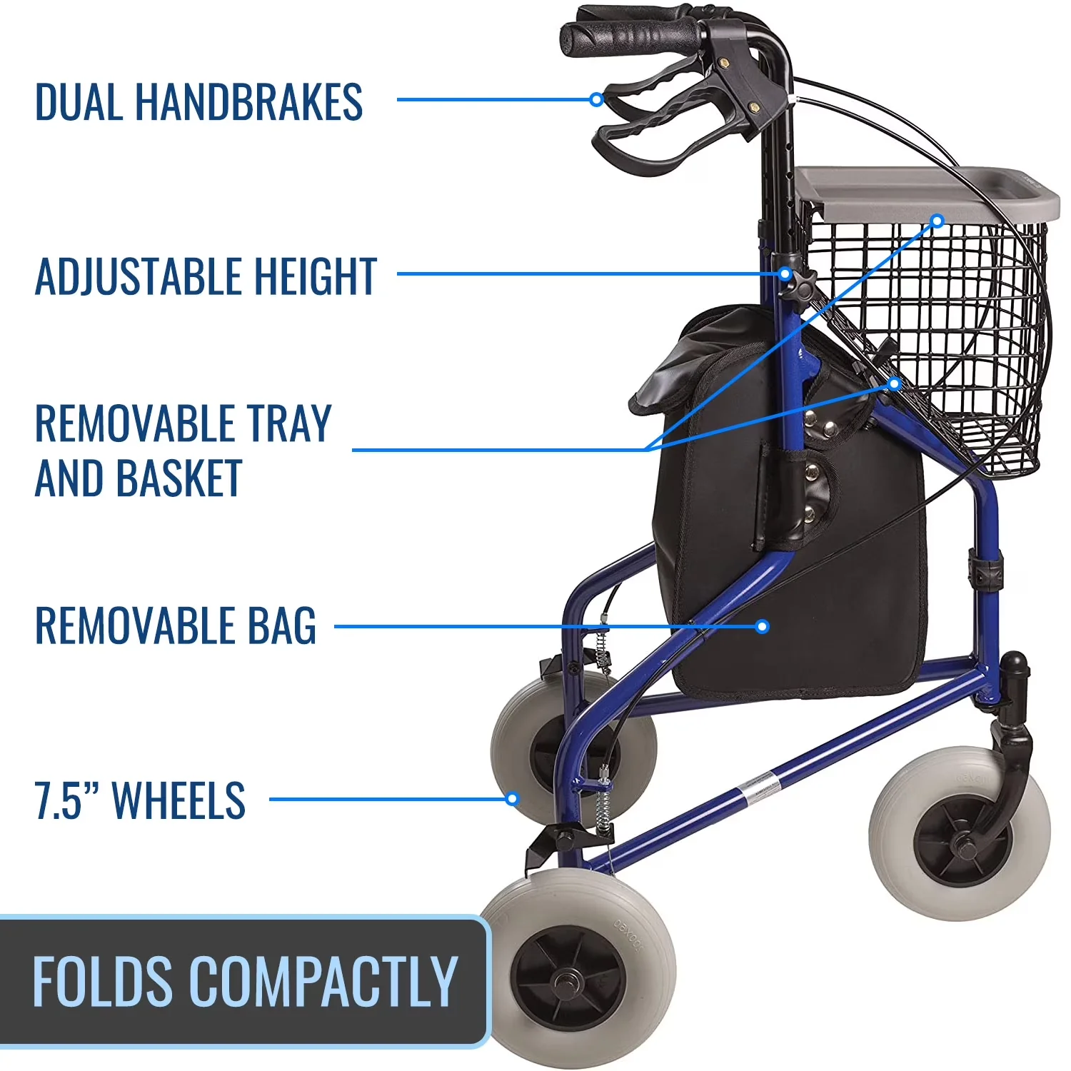 Stylish Scooter with Foldable, Swivels, Folding Rollator Walker - Blue Aluminum Model 6AD1C7