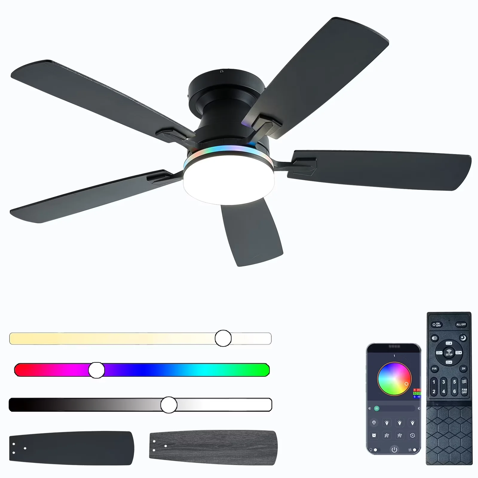 Innovative Ceiling Fan with LED, Reversible Blades - Black for Bedroom, Indoor Model FFD909