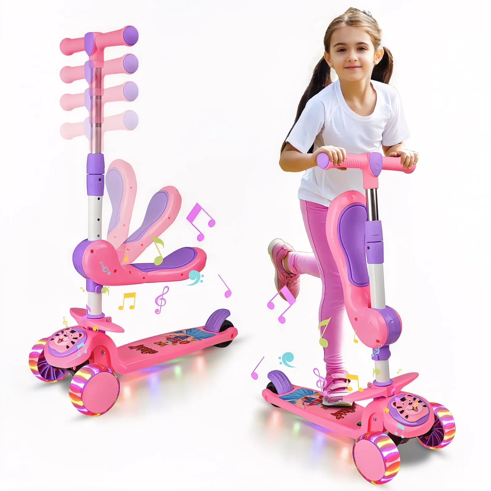 Stylish Scooter with LED, Foldable, Adjustable Seat - High Carbon Steel And Pp Material Pink Model 04D4D1