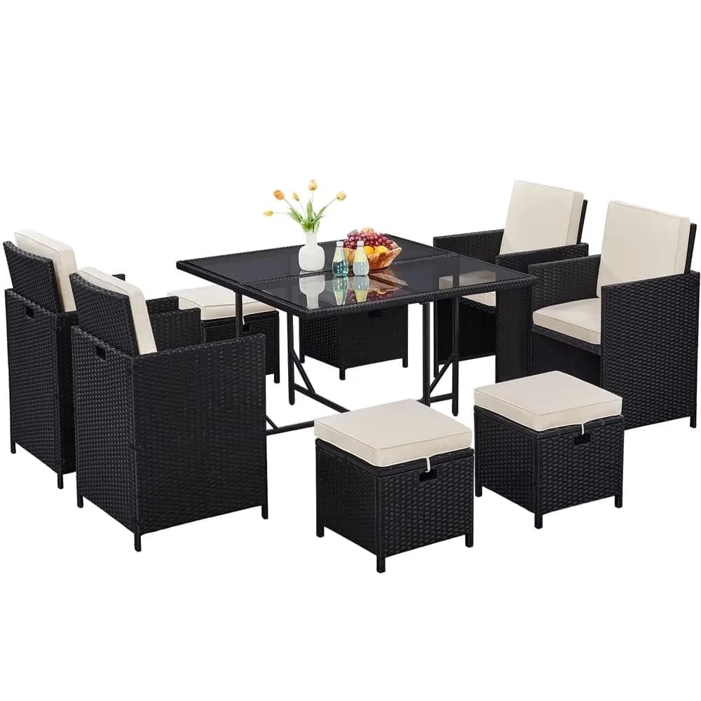 Patio Dining Set Premium with Storage, 9-Piece Wicker - Powder-Coated Metal, Pe Rattan, Tempered Glass, Polyester Fabric, Foam Black... Model B0C5B0
