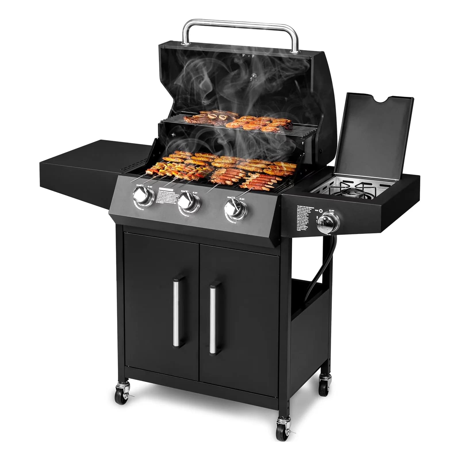 Essential Gas Grill with Output 46000 BTU, Product Dimensions 25" x 53" x 45", 3 Burners with 1 Side Burner - Black Iron for Outdoor Model 2A8130