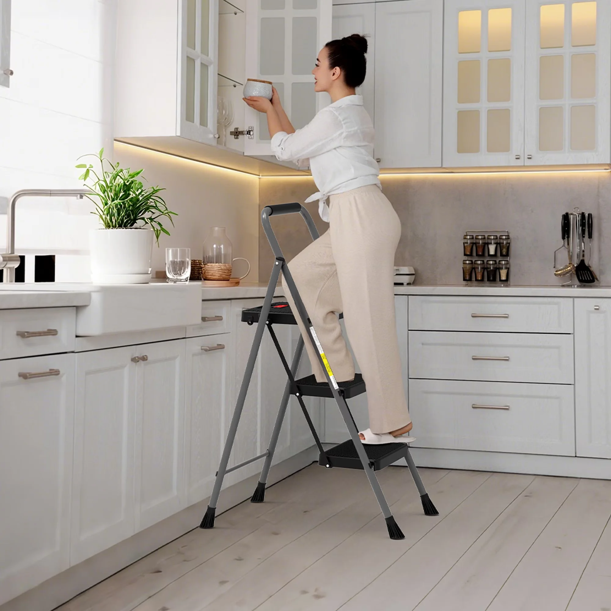 Efficient Ladders And Step Stool with Lock-On Button, 330lbs, Anti-Slip Wide Pedal - Gray Alloy Steel, Metal, Rubber Model 3C29A3