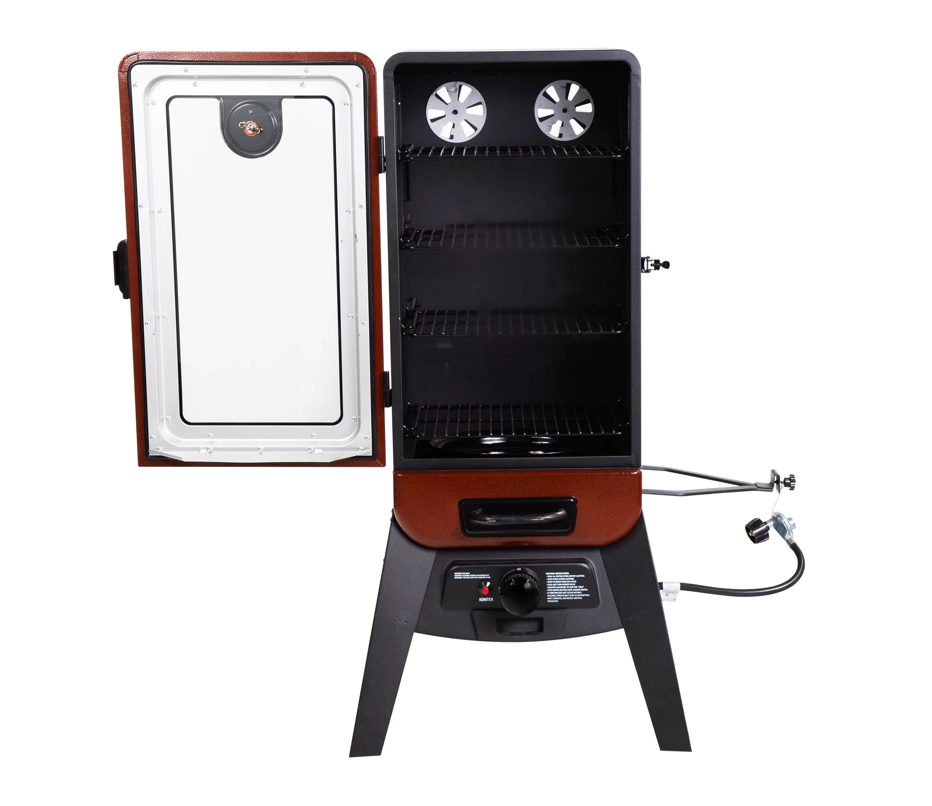 Premium Smoker with Window, 12,500 BTU. - Stainless Steel, Porcelain Red Model 9ED722