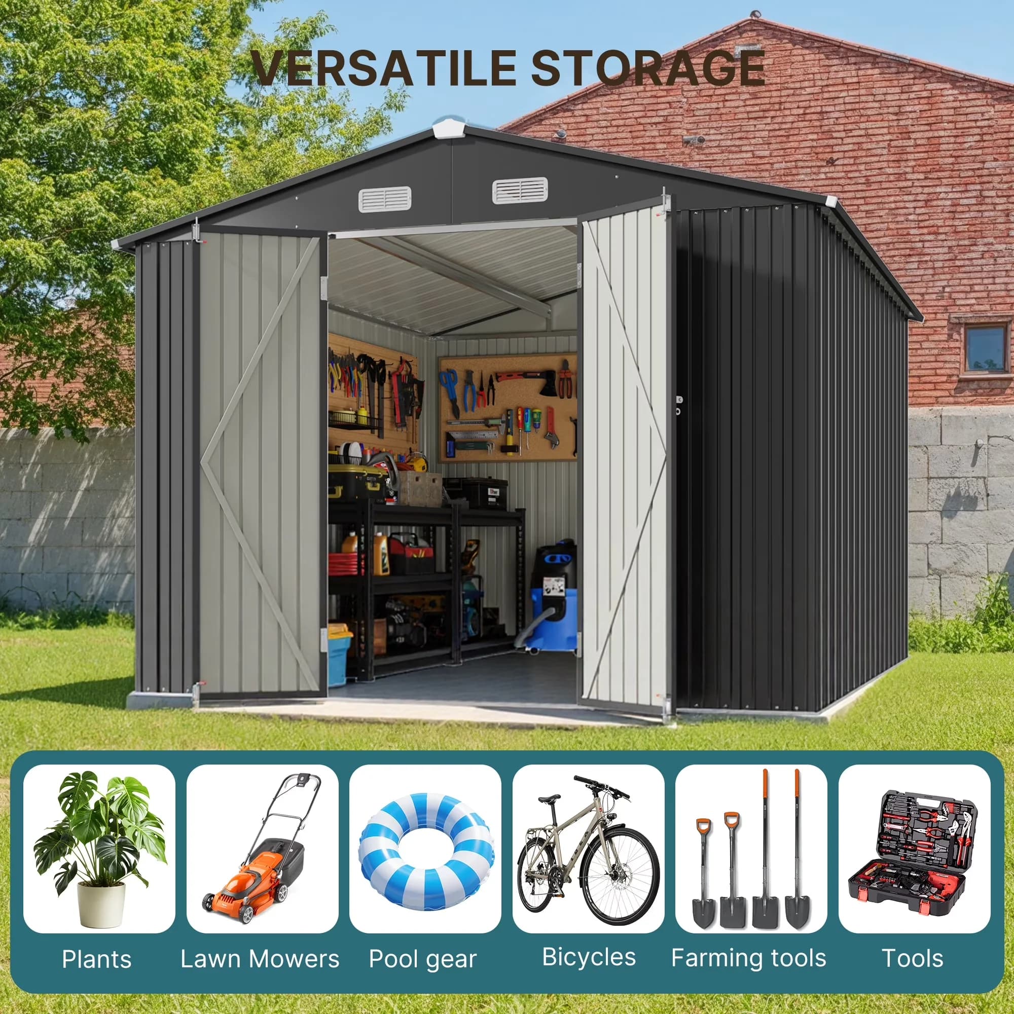 Stylish Shed with Lockable Door, Waterproof, Uv Resistant - Gray Steel Model 9F789C
