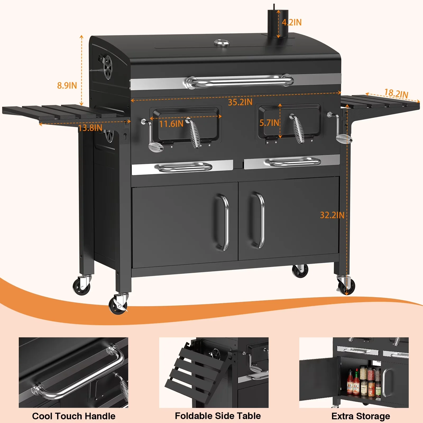 Versatile Charcoal Grill with Foldable, Warming Rack, Portable - Cast Iron Model 1EC75A