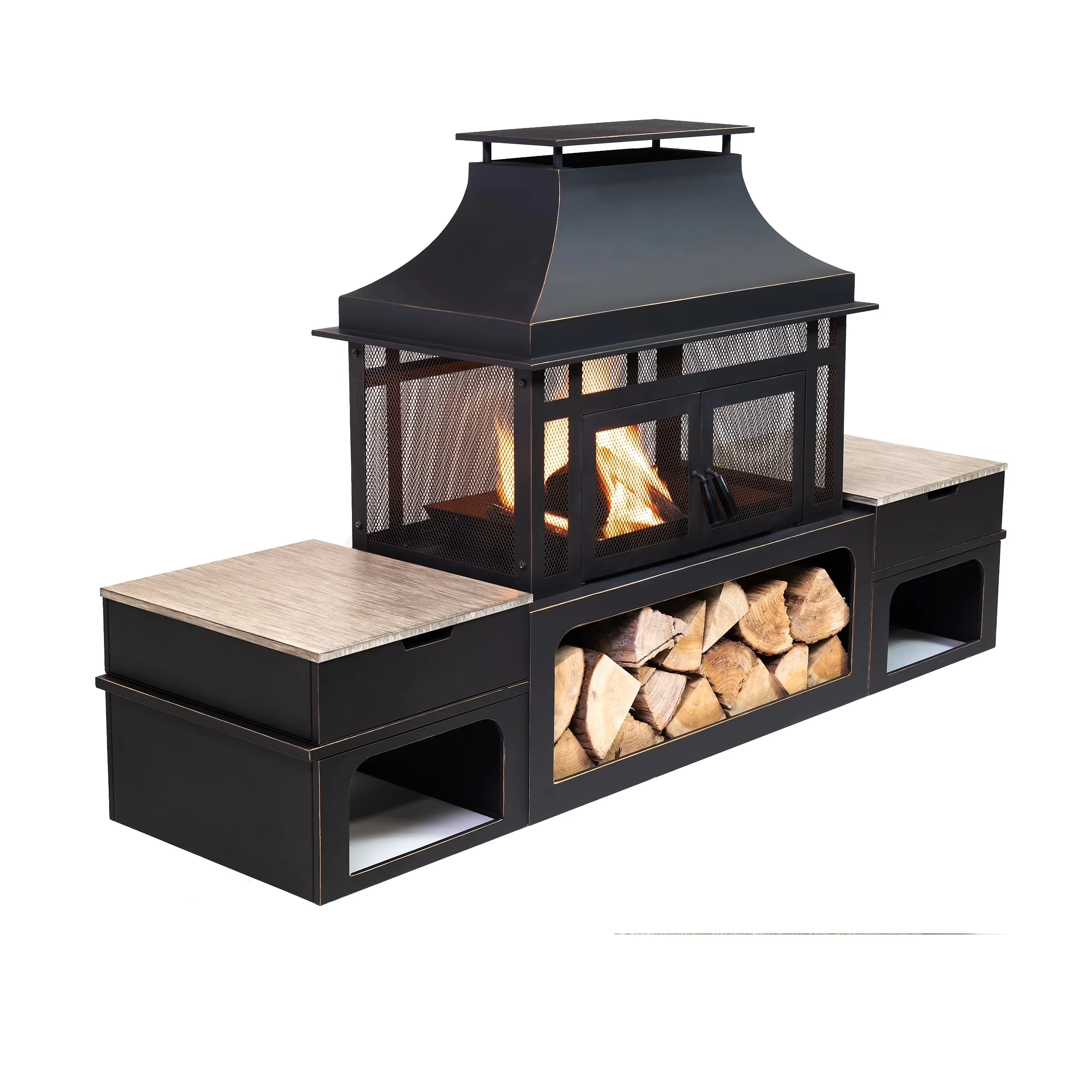 Outdoor Heating Innovative with Smokeless, Log Storage Compartment & Side Tables - Metal Multicolor Model 0EE6F3