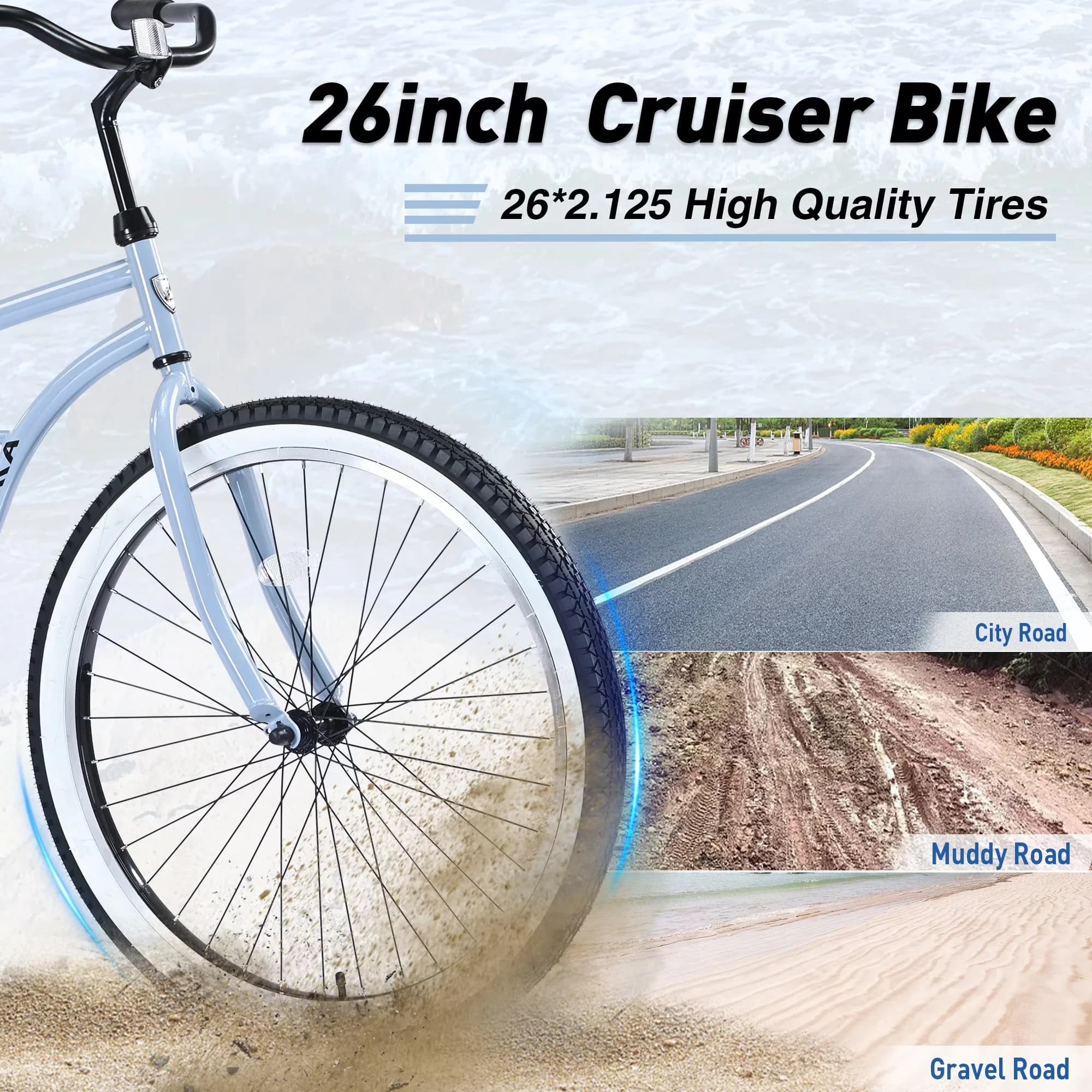 Modern Cruiser Bike with Adjustable Seat Height, 26" Steel Frame Beach Bicycle - Blue Model B07FDF