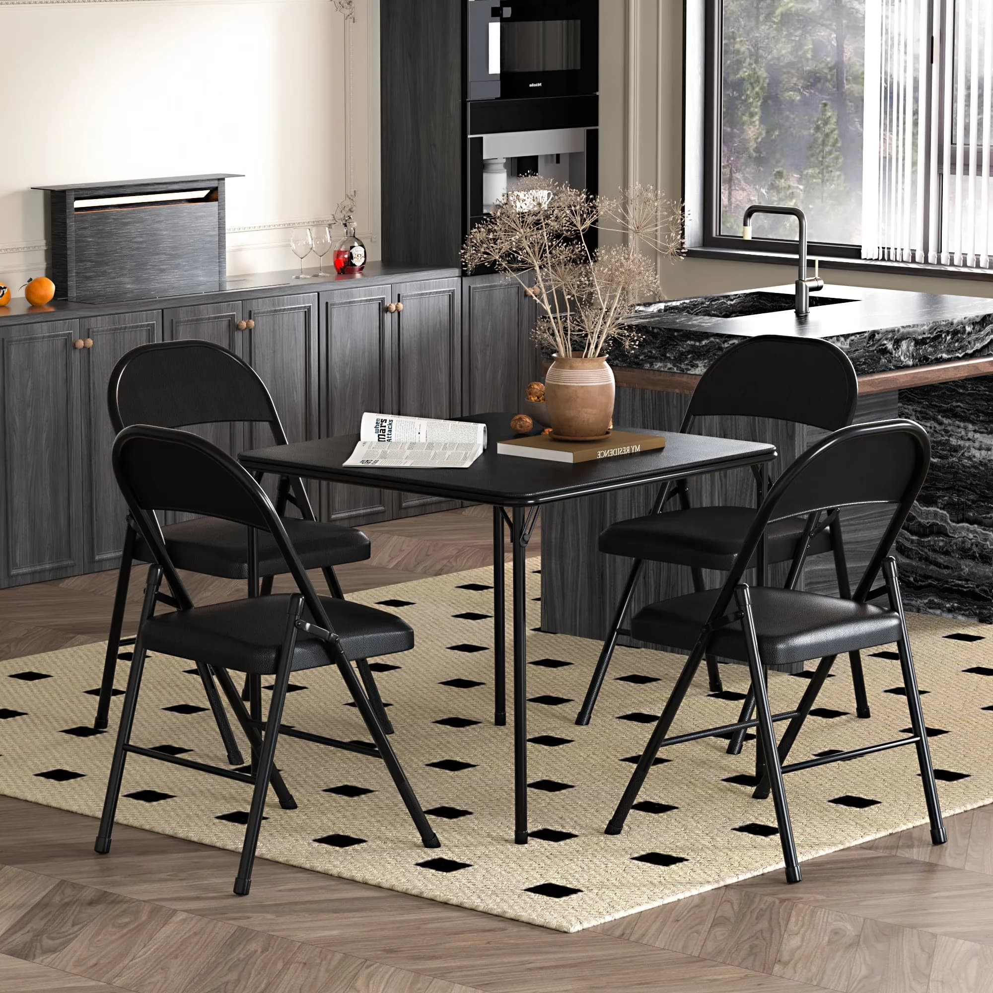 Essential Patio Dining Set with Modern, Folding, 5 Piece Folding Table and Chair Black - Black Metal Model E1FBDE