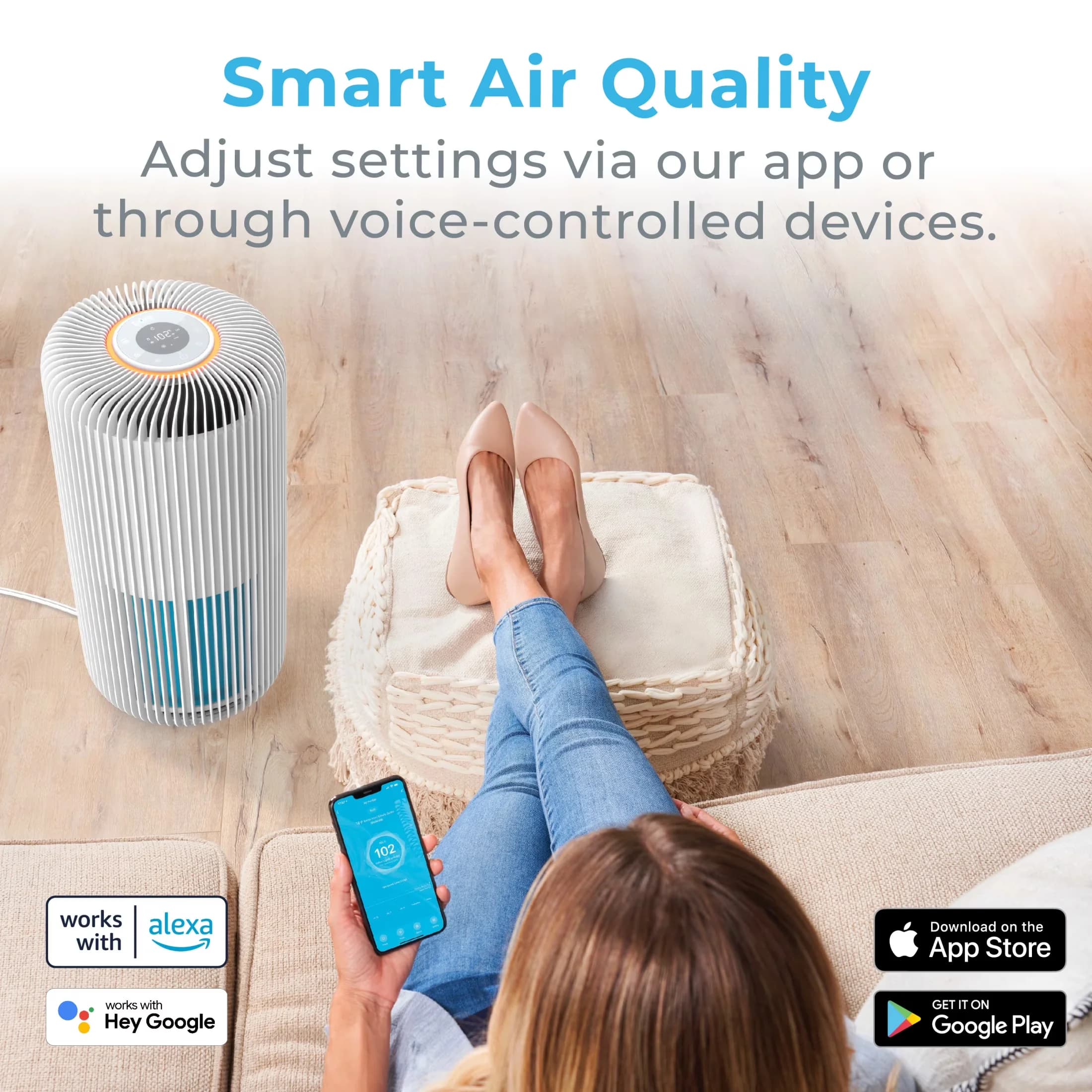 Stylish Air Purifier with Automatic Shut-Off, Variable Speed, Smartphone Compatible for Large, Rooms - Model 929E3F