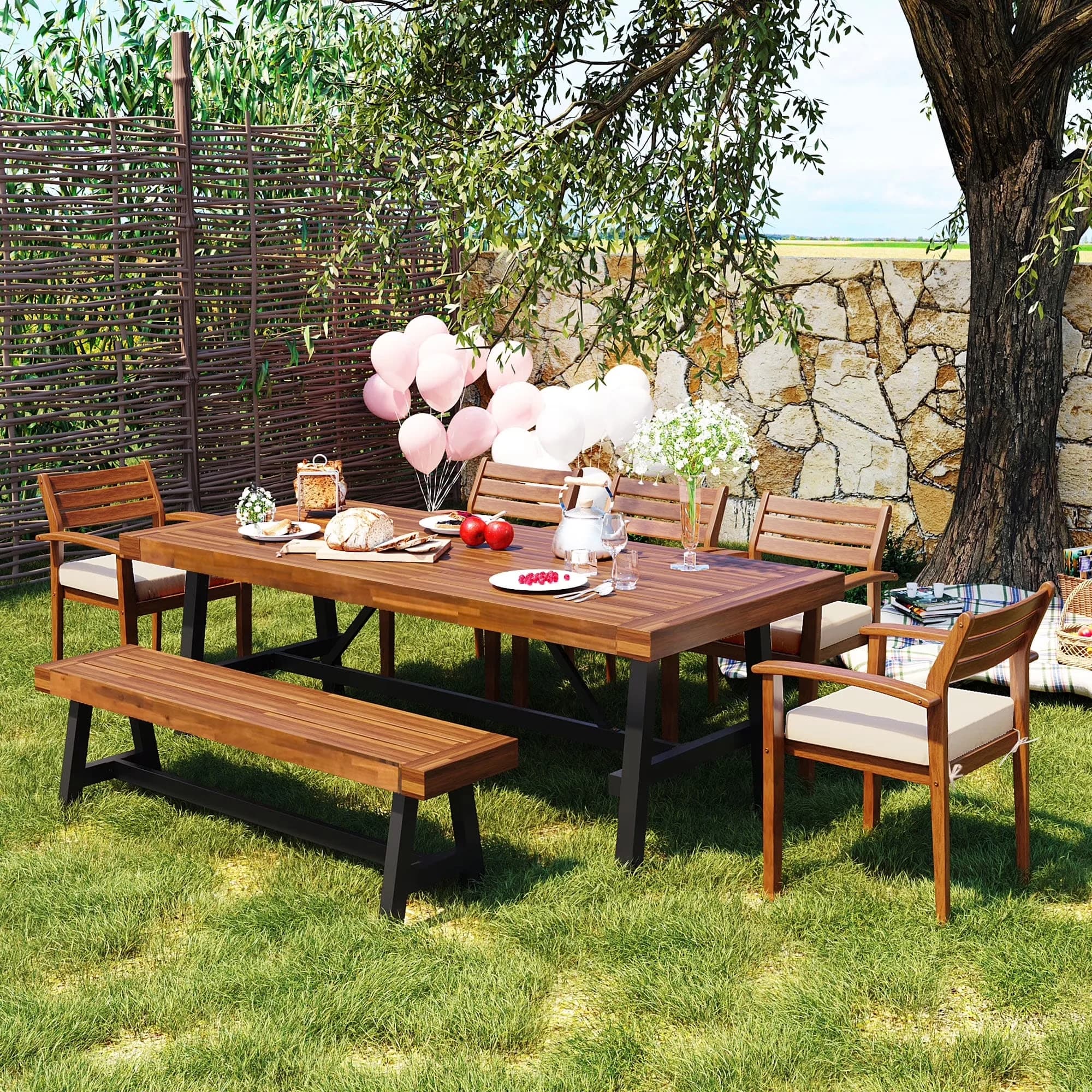 Modern Patio Dining Set with Modern, Live Edge, 7-Piece Outdoor Wood - Acacia Wood, Polyester, Steel Brown Model 00EFA7