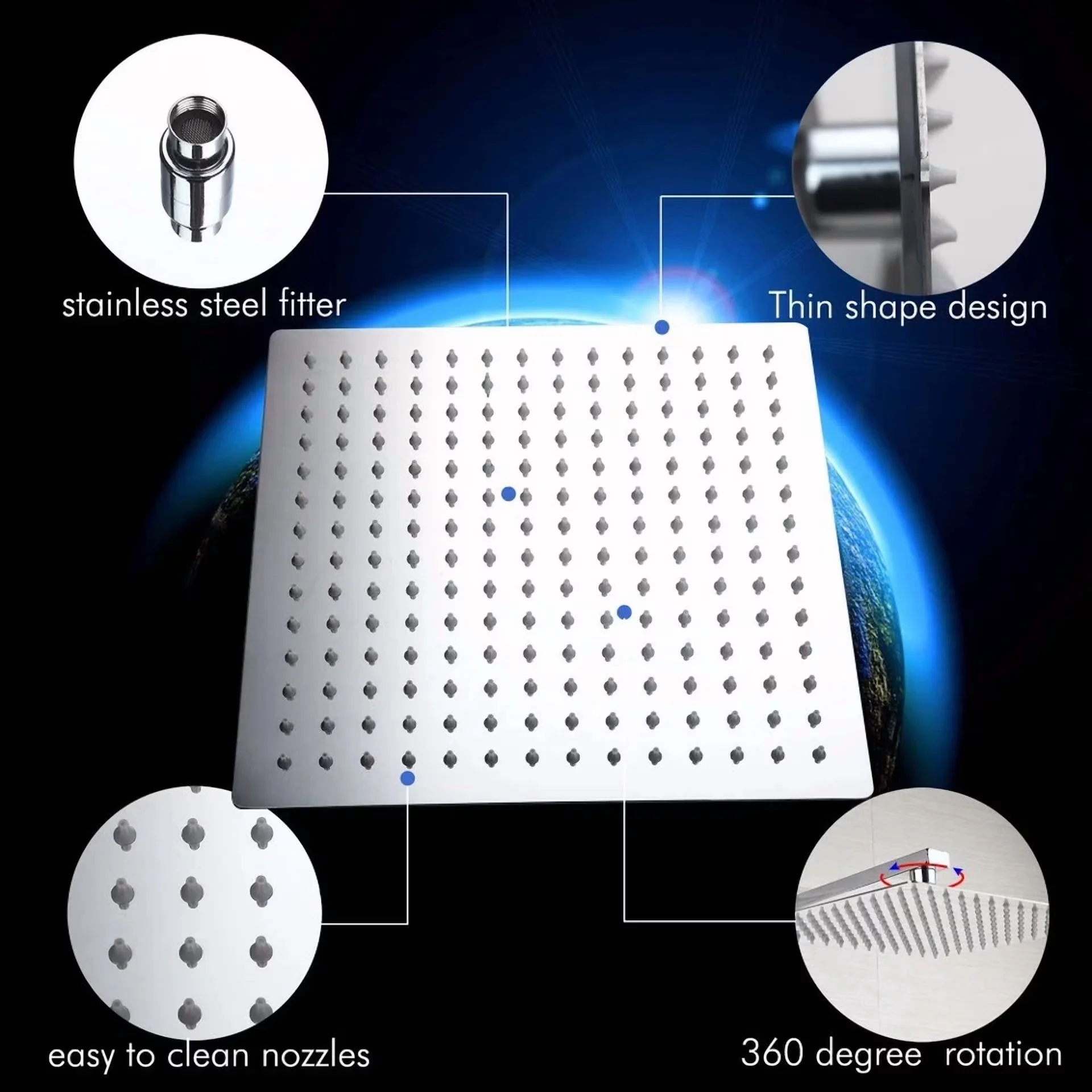 Compact Shower Head with Waterfall - Stainless Steel Silver - Contemporary Style Model F396D9