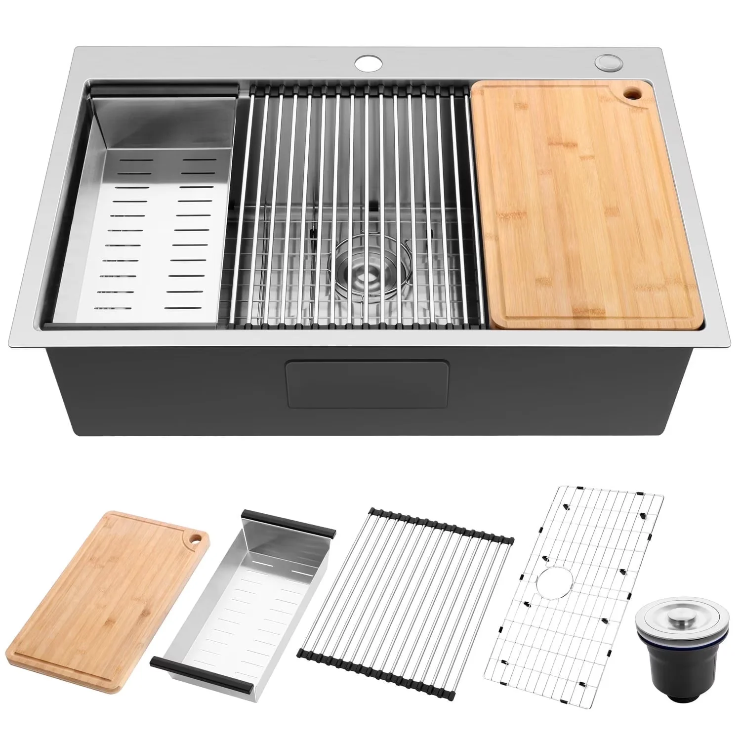 Versatile Kitchen Renovation with Workstation, BAMBOO CUTTING BOARD x1 - Stainless Steel Silver Model 48ECA4