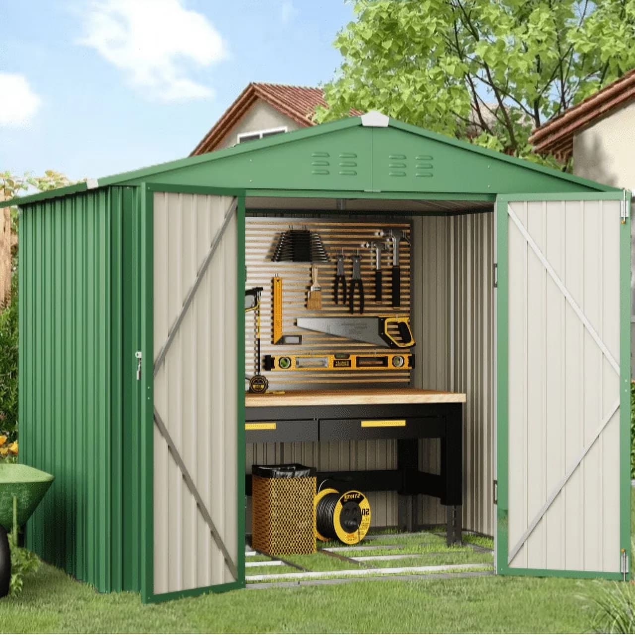 Shed Quality with Rot Resistant, Lockable Door, Waterproof - Metal Green Model EA3A82