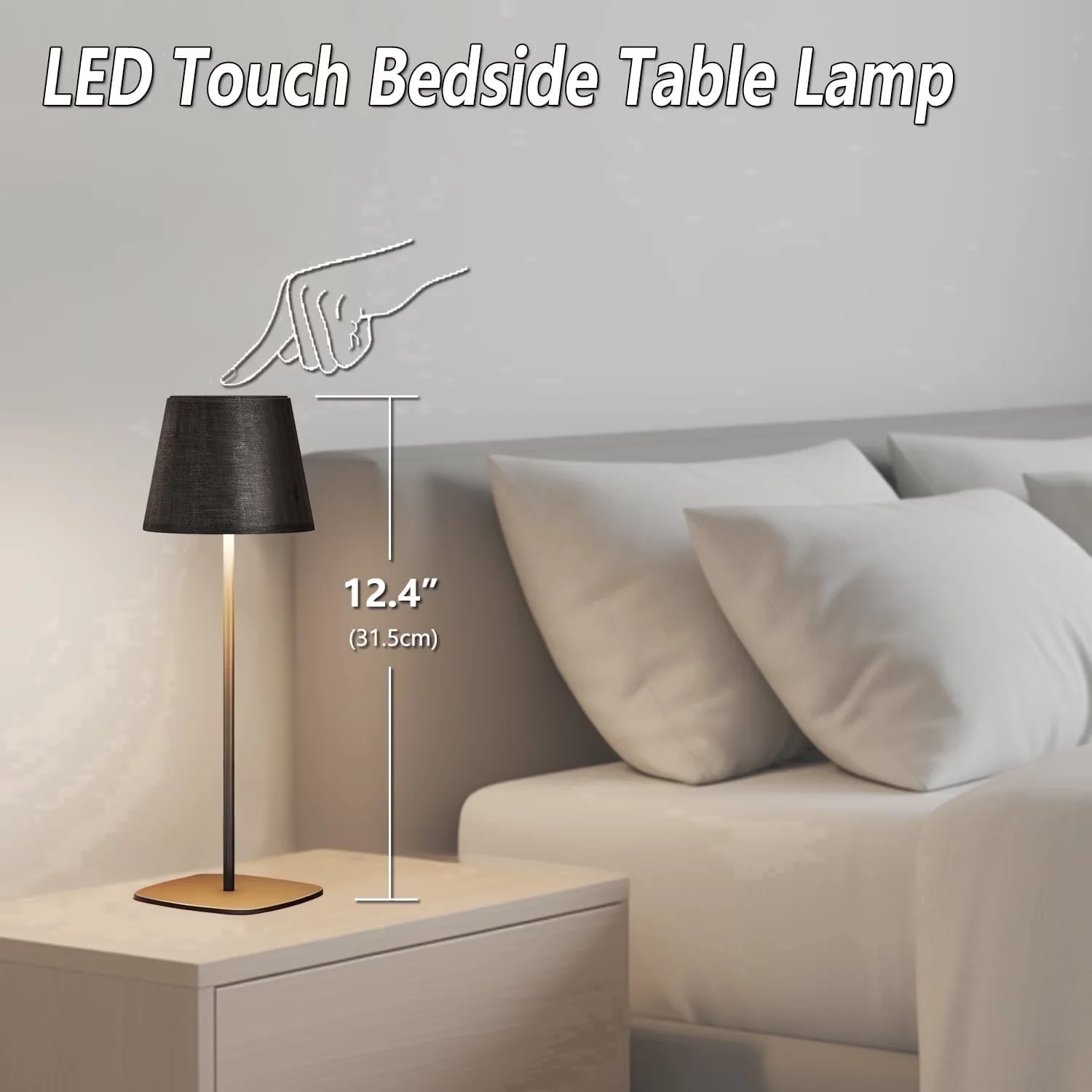 Durable Lamp with LED, Battery, 12" Rechargeable Touch Table - Black Metal, Fabric Model 3FF2A8
