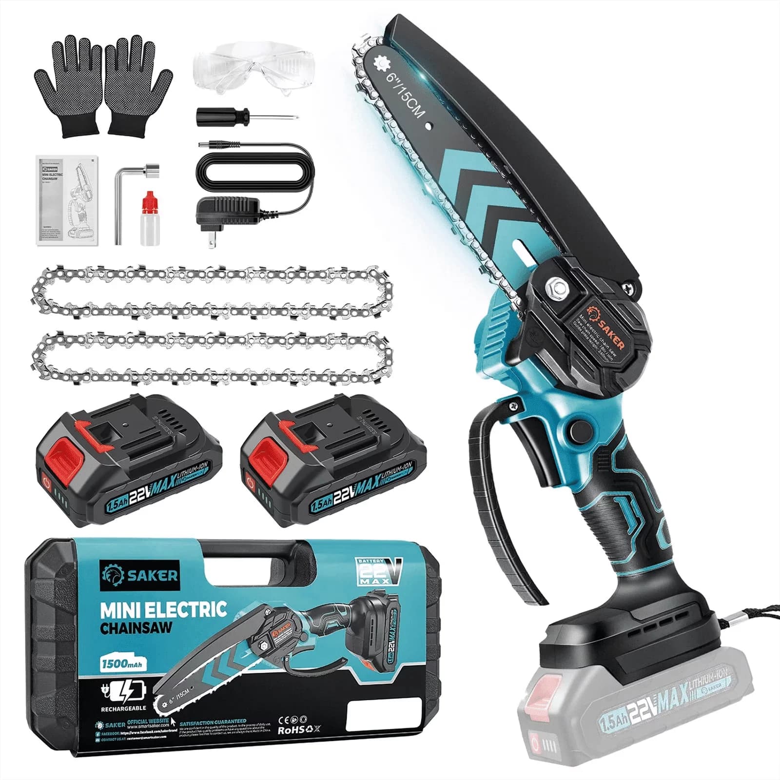 Modern Chainsaw with Battery, Anti-Vibration, 6 inch Mini - Blue - Industrial Grade Model 409380