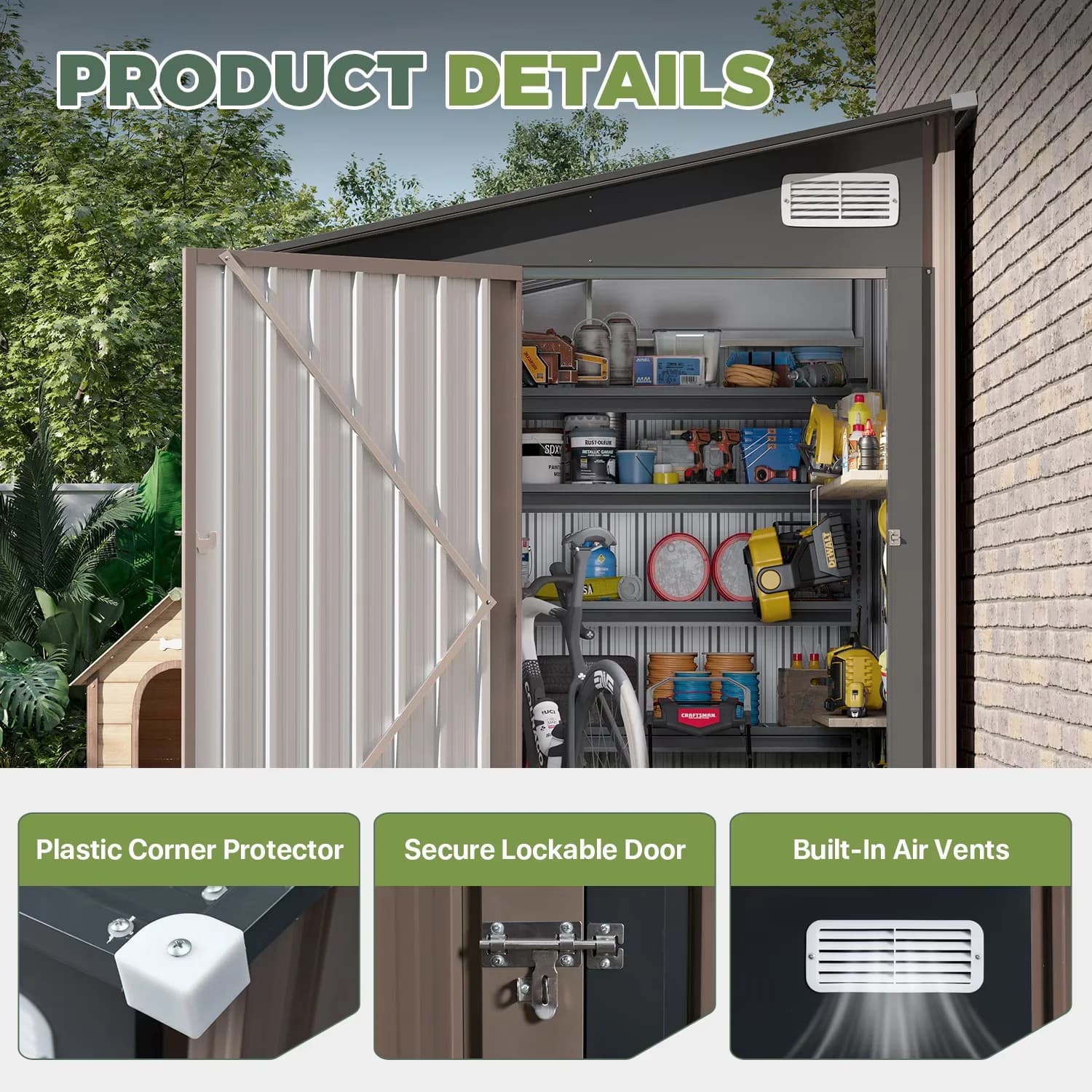 Professional Shed with Lockable Door, Lean-To, 8x6 ft Outdoor Metal Storage - Brown Steel for Patio Model 5835A0