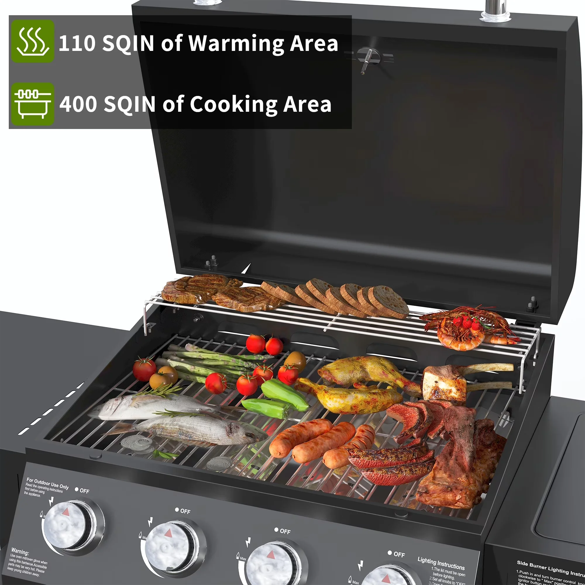 Gas Grill Essential with 50000 BTU, Heat Thermometer, Portable - Black Foundry Iron Model 20C4C1