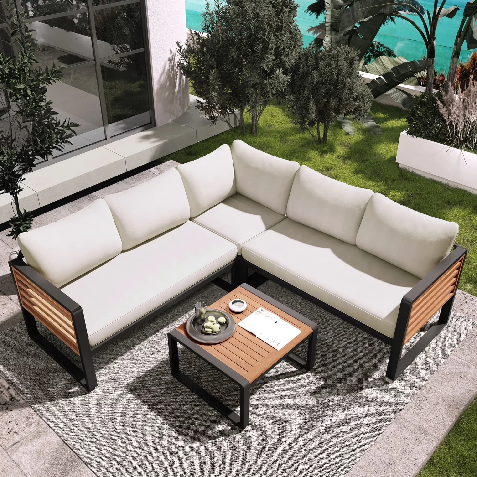 Versatile Outdoor Sofas Sectional with Removable Cushion Cover, Modern, Product Type: Patio Conservation Set - Beige Acacia... Model F14BF0