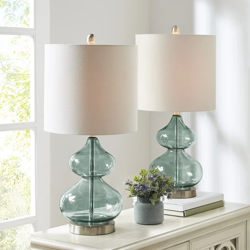 Durable Lamp Set with Transitional, White Shades, Transitional Style - Glass, Iron Blue, White, Multicolor Model 0C0EAC
