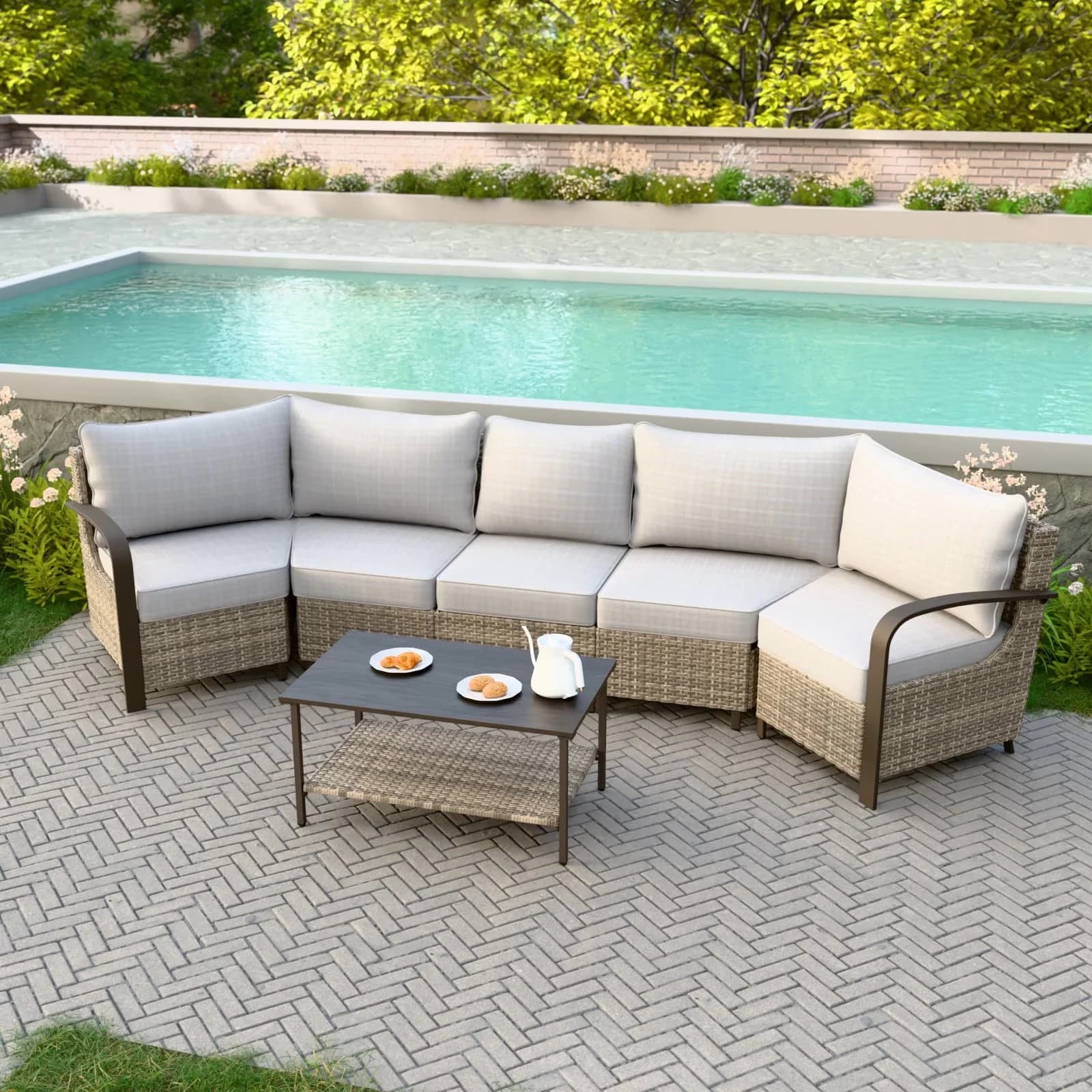 Professional Patio Conversation Set with Blue, Rocking Chairs and Coffe Table - Beige Polyethylene, Rattan, Steel Model 05E069