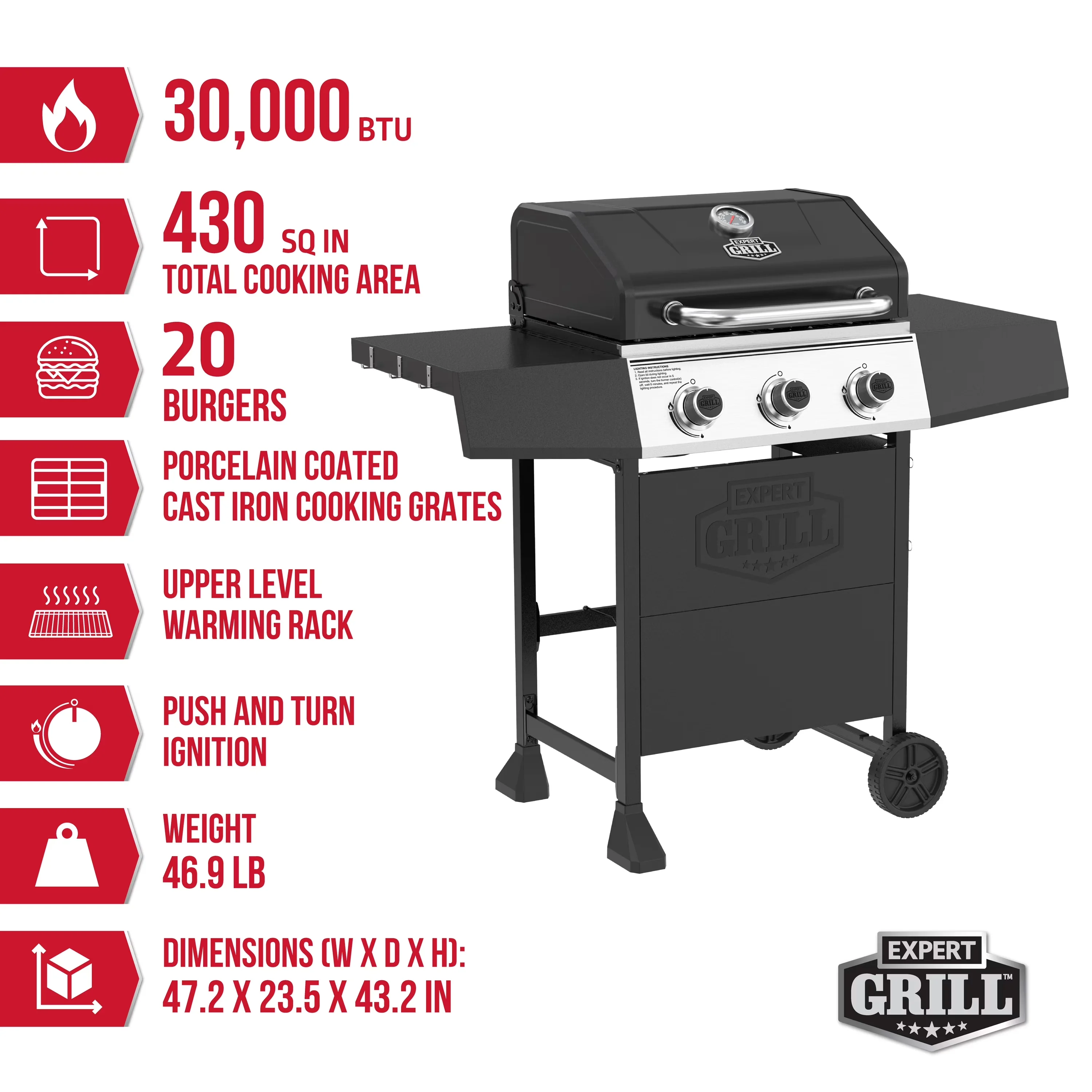 Gas Grill Premium with Rust Resistant, Grease Pan - Powder-Coated Steel Black Model 176B5F