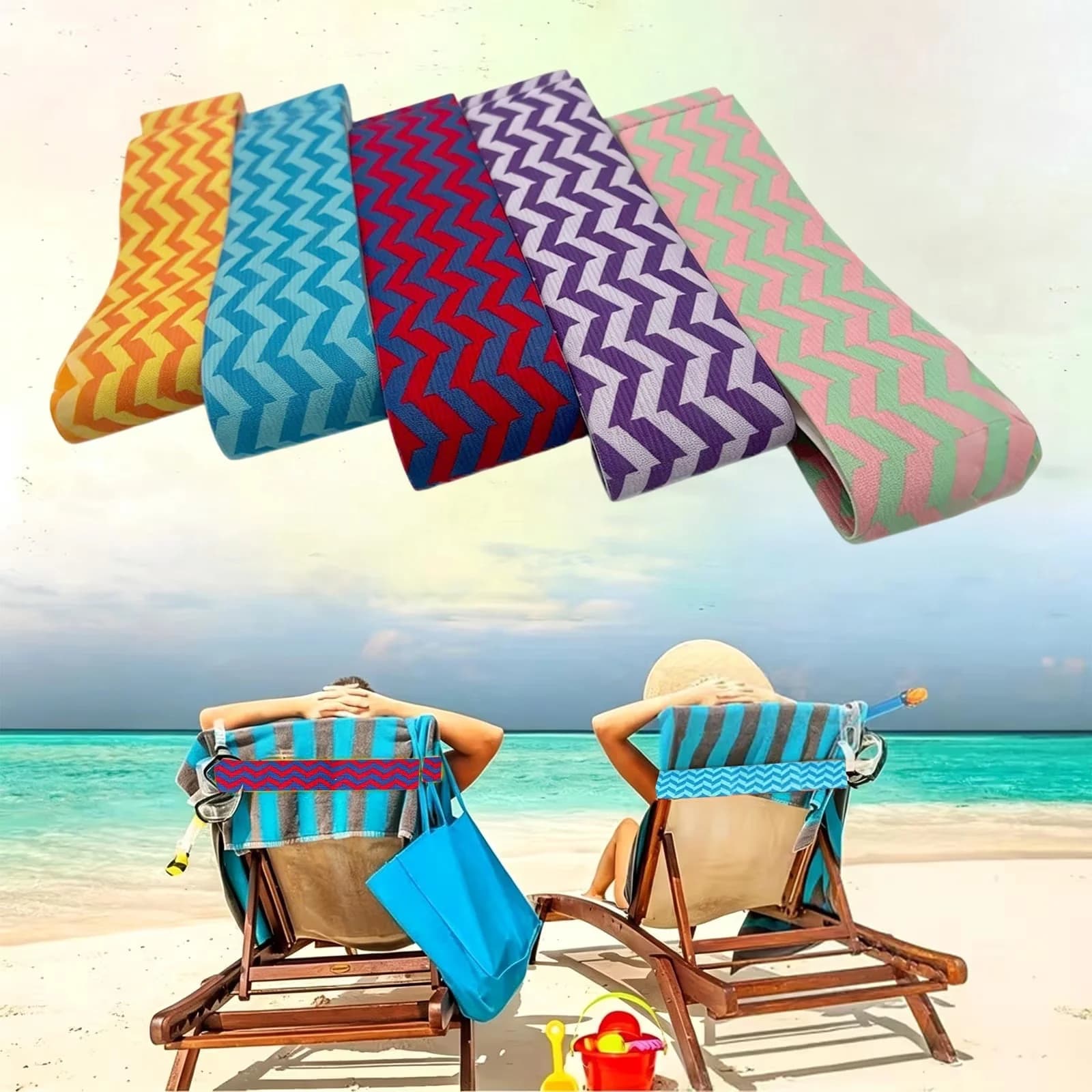 Premium Beach Chair with Adjustable, Elastic Bands - 5 Pack - Space-Saving Design Model 2171B8