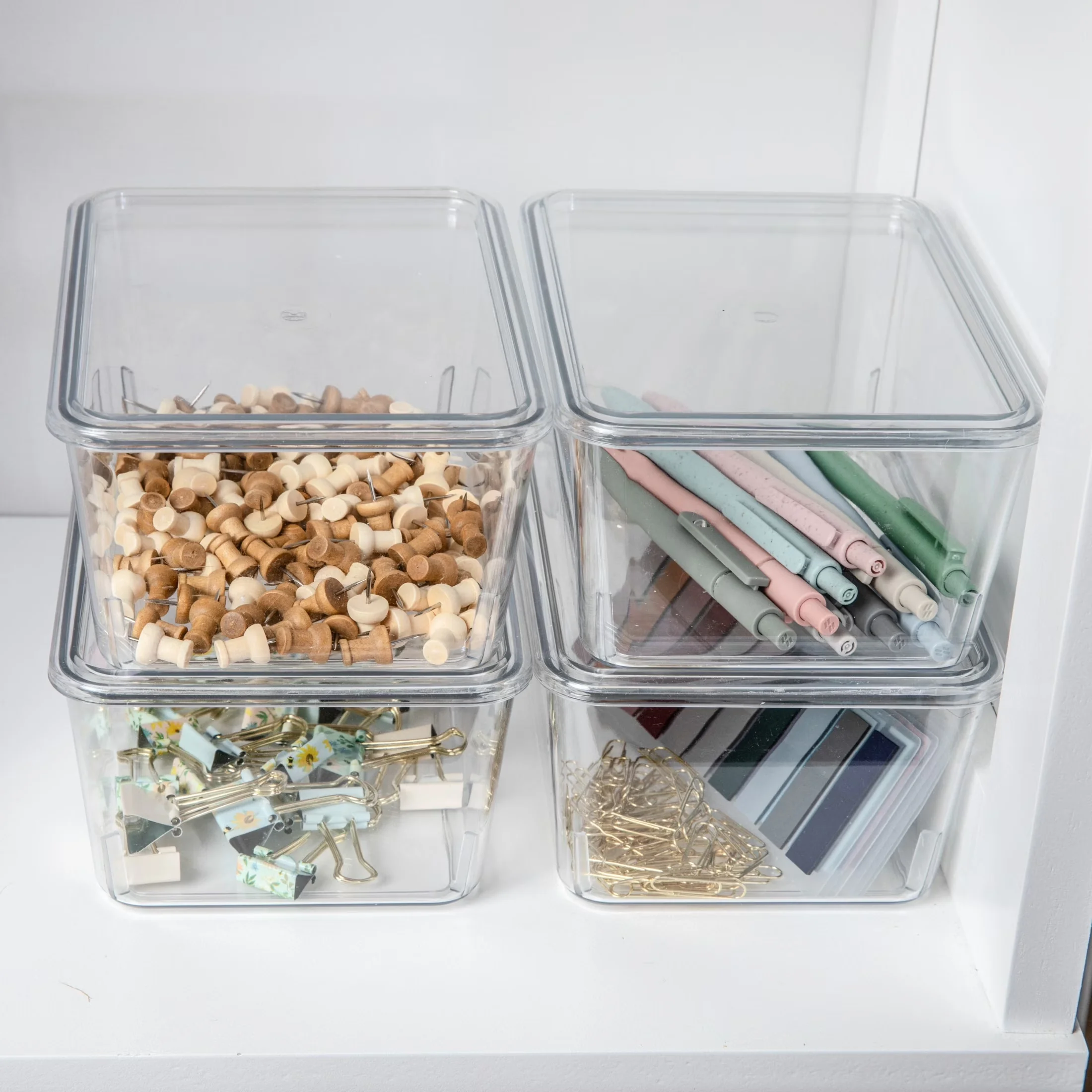 Efficient Garage Storage Supply with Transparent design for easy item viewing, Brody 4 Pack Stackable Plastic Box, Lids Office... Model 8074D8