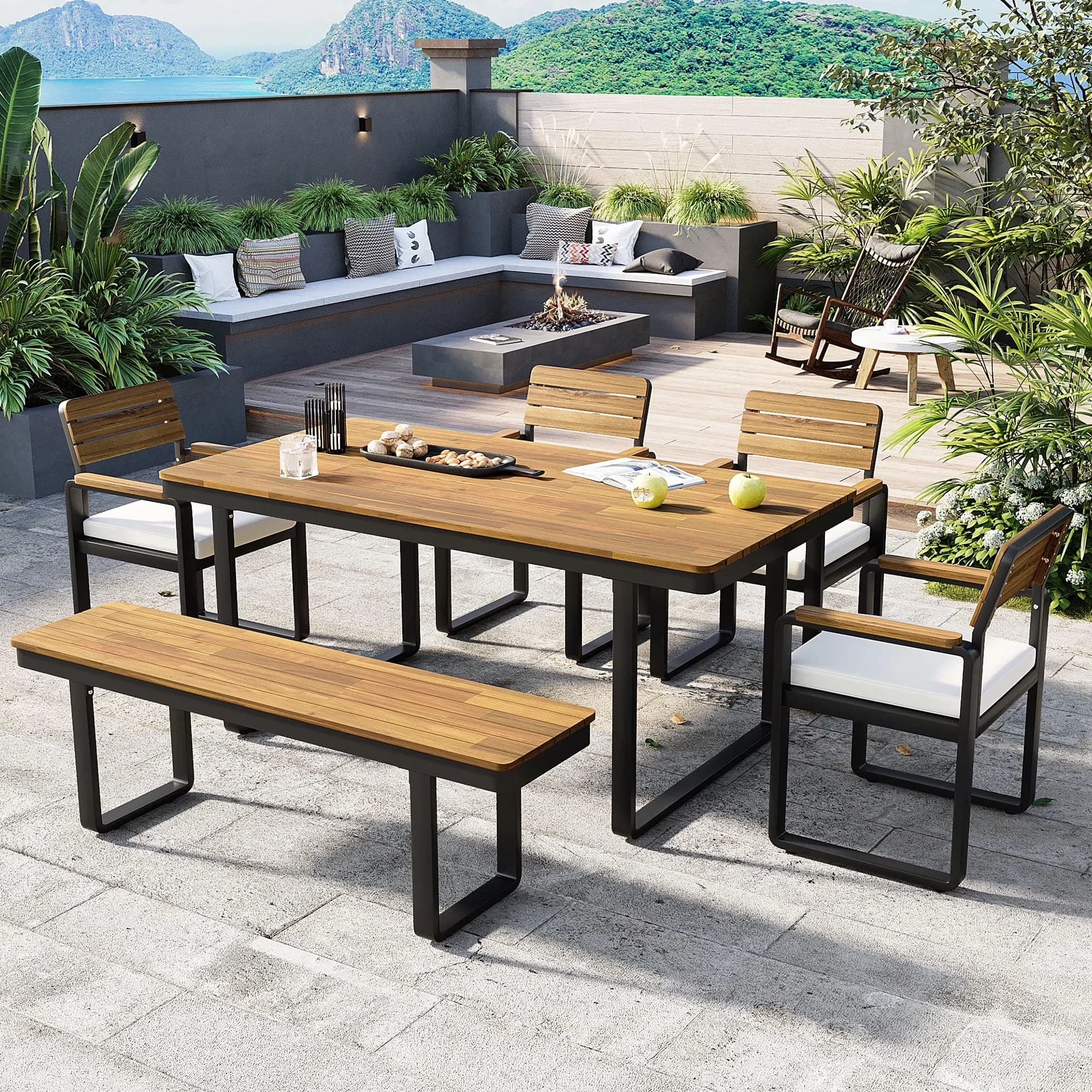 Efficient Patio Conversation Set with Weatherproof, 6-Piece Outdoor Dining - Beige Acacia Wood,Polyester,Steel Model 988A51