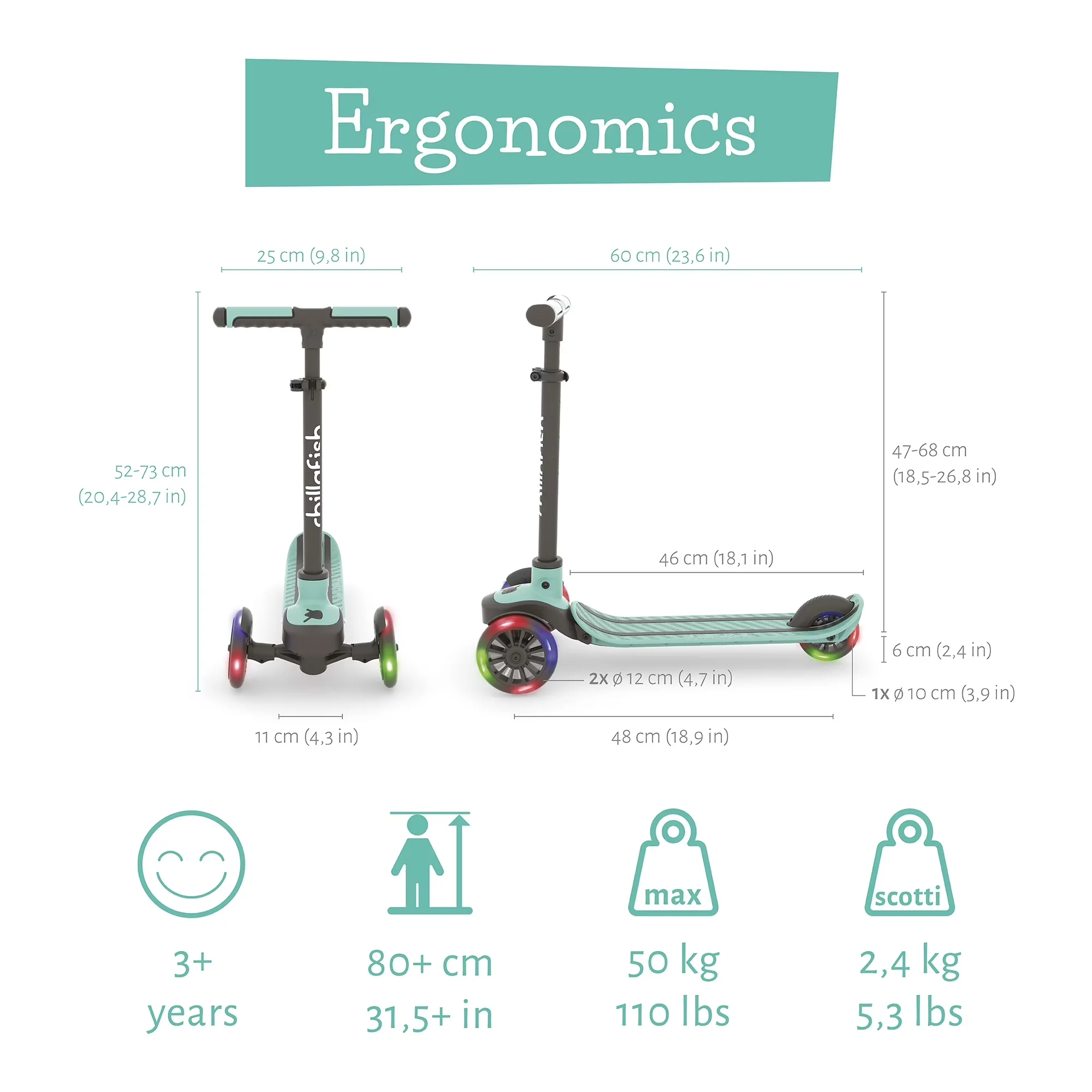 Scooter Classic with Height-Adjustable Handlebar, Light-Up Wheels - Green Model ED4070