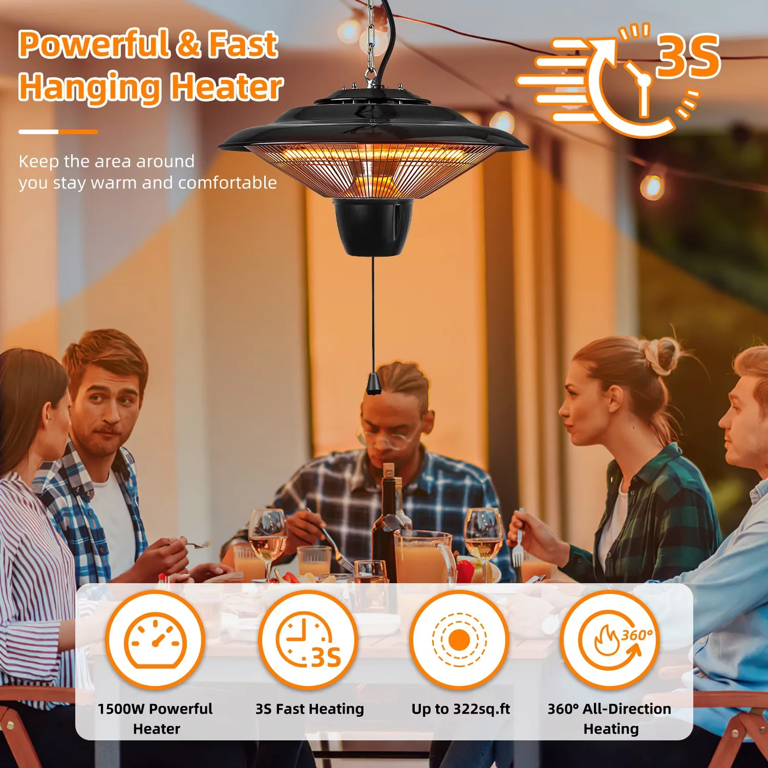 Outdoor Heating Efficient with 1500W, Weatherproof, Hanging Porch Heater - Black Model DDD0C2