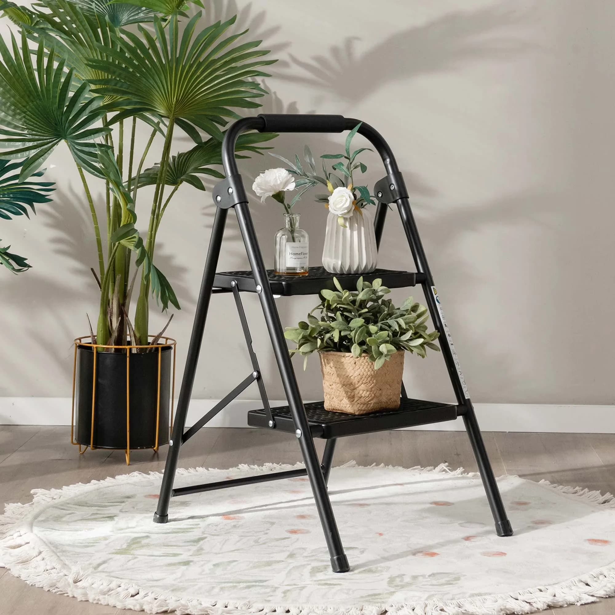 Professional Ladders And Step Stool with Foldable, 2 Ladder Folding 330lbs Capacity - Black Metal, Pp Model 5FE838