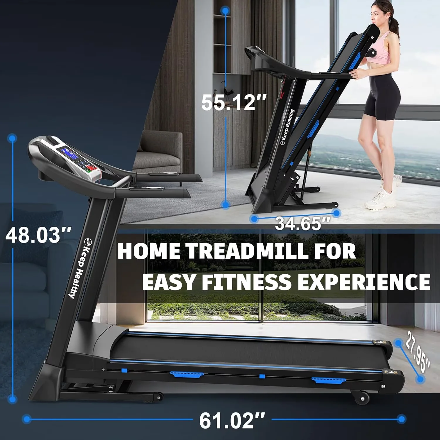 Essential Home Gym with Heart Rate Monitor, Adjustable, Swertoy 3.5HP Folding Treadmill for Home - Model 49AAF8